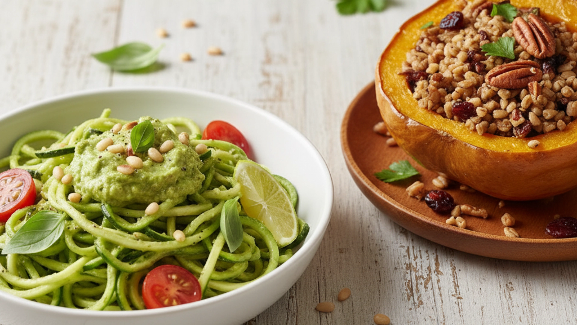 Vibrant Zucchini Noodles with Avocado Pesto and Stuffed Acorn Squash with Farro.