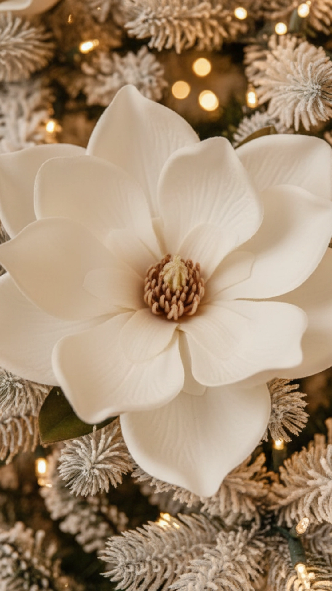 A large white magnolia flower tucked into the branches of a lit Christmas tree.