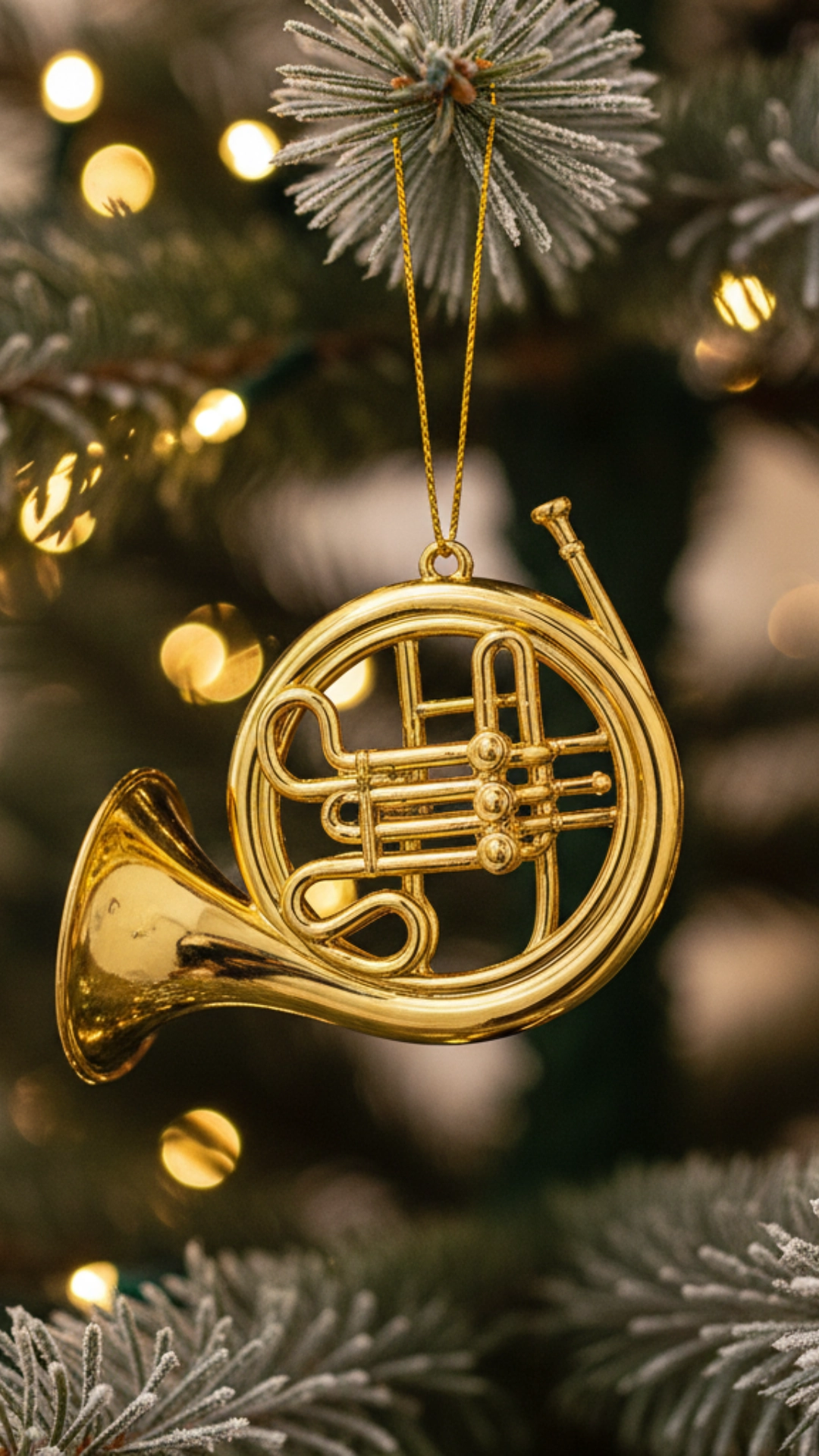 A miniature golden french horn ornament hanging on a lit Christmas tree.