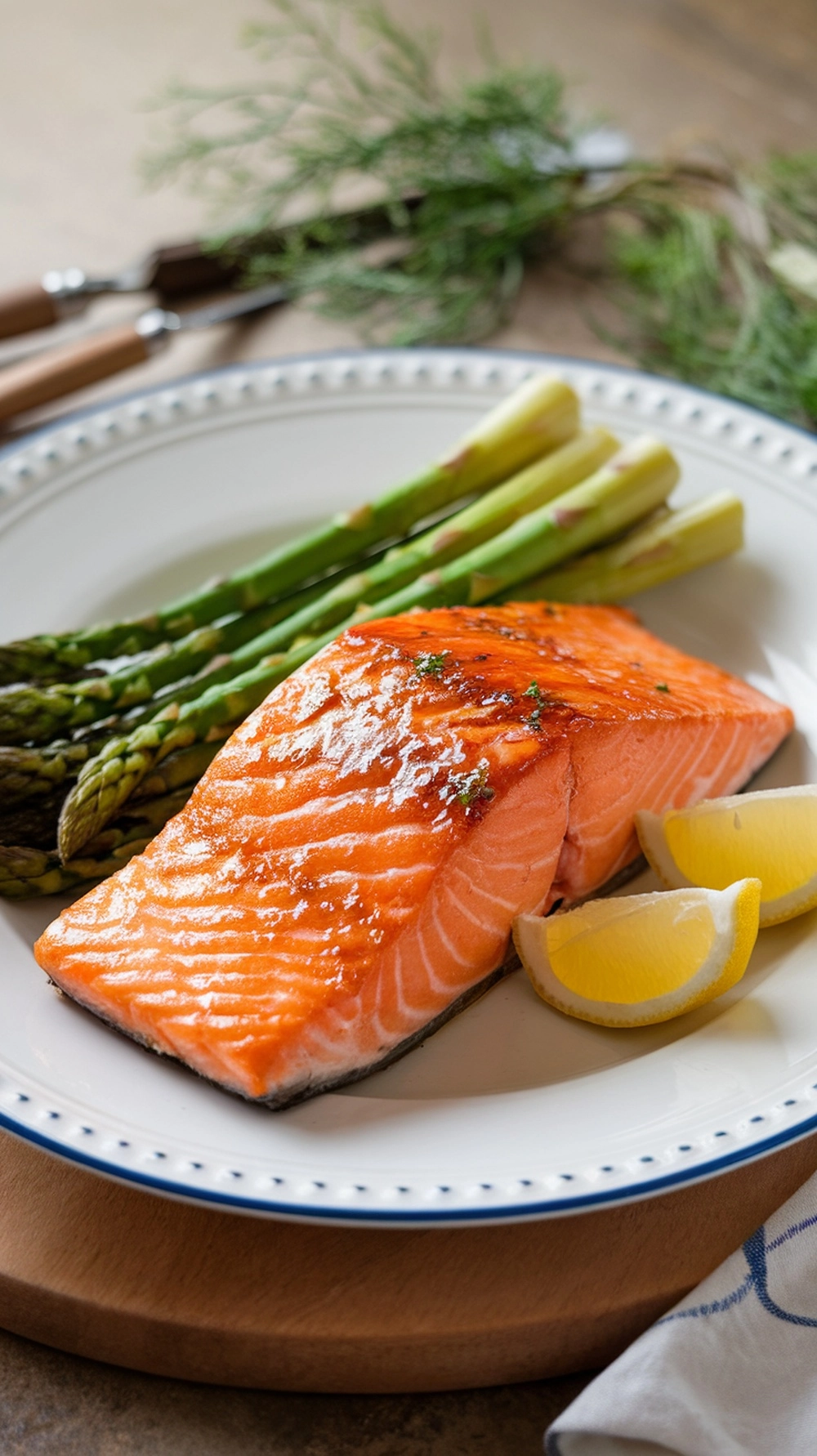 Honey garlic glazed salmon with asparagus and lemon wedges on a plate