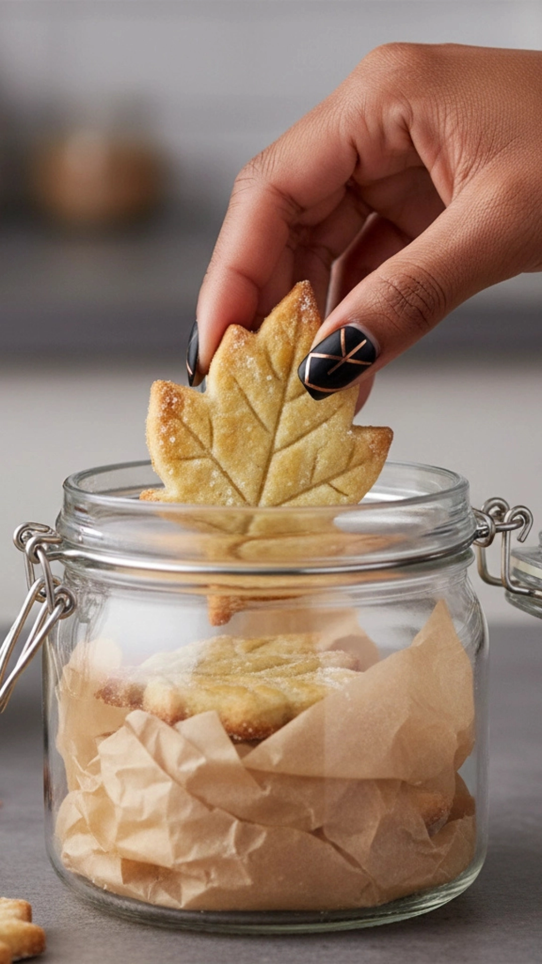 Carefully placing a decorated leaf-shaped cookie into a glass container for storage, layered with parchment paper.
