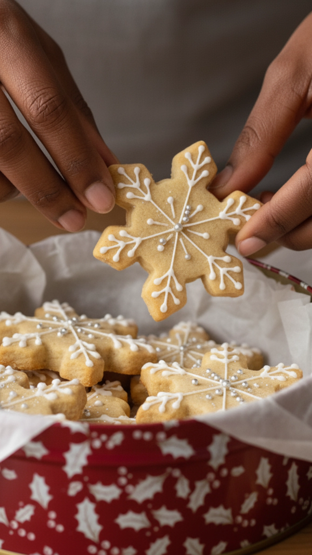 How to Bake Beautiful and Delicious Christmas Cookies 6 Storing decorated Christmas cookies in a festive tin with parchment paper.