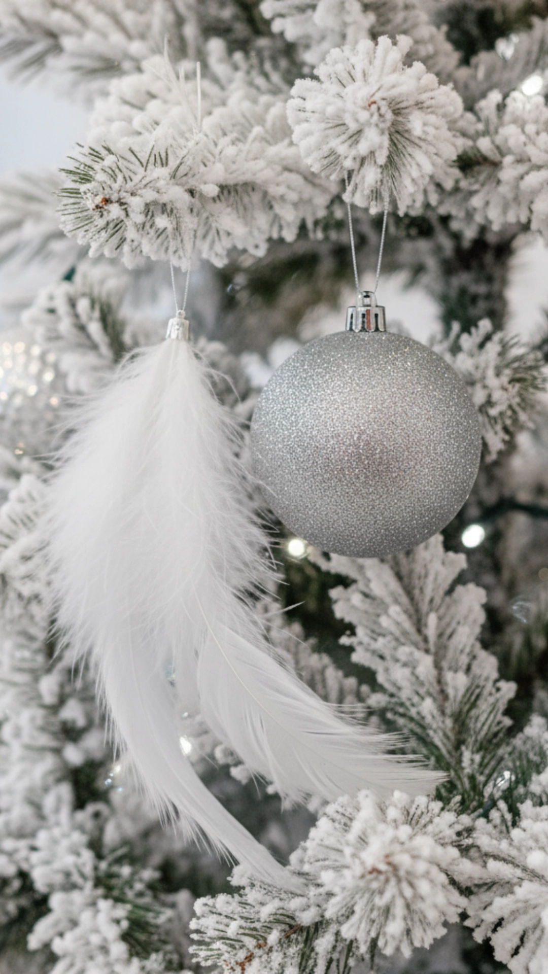 A white feather and a silver bauble on a snow-covered Christmas tree.