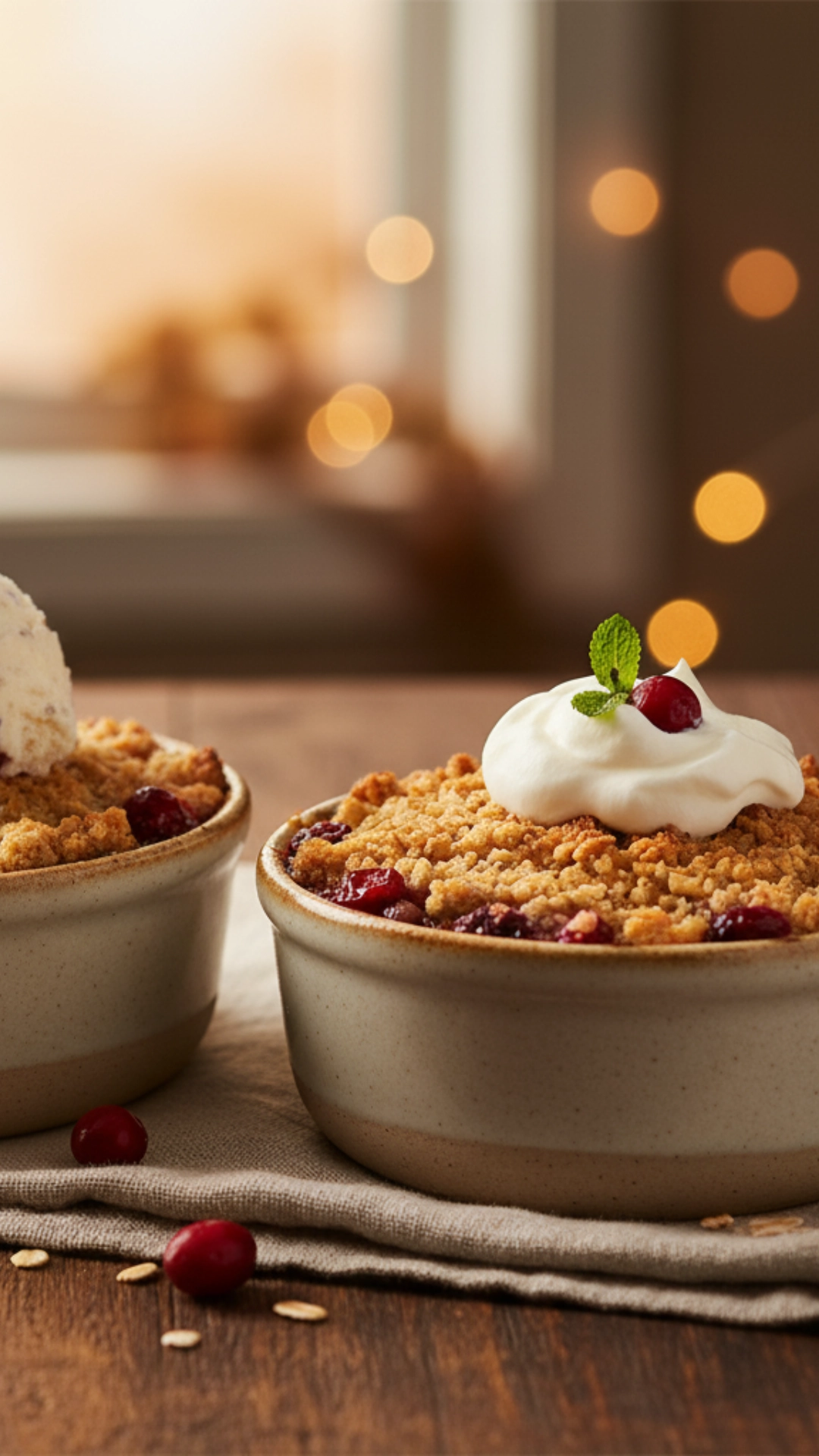 Epic Thanksgiving Desserts to Impress Your Guests 3 Two warm apple cranberry crisps in ramekins, one topped with melting vanilla ice cream.