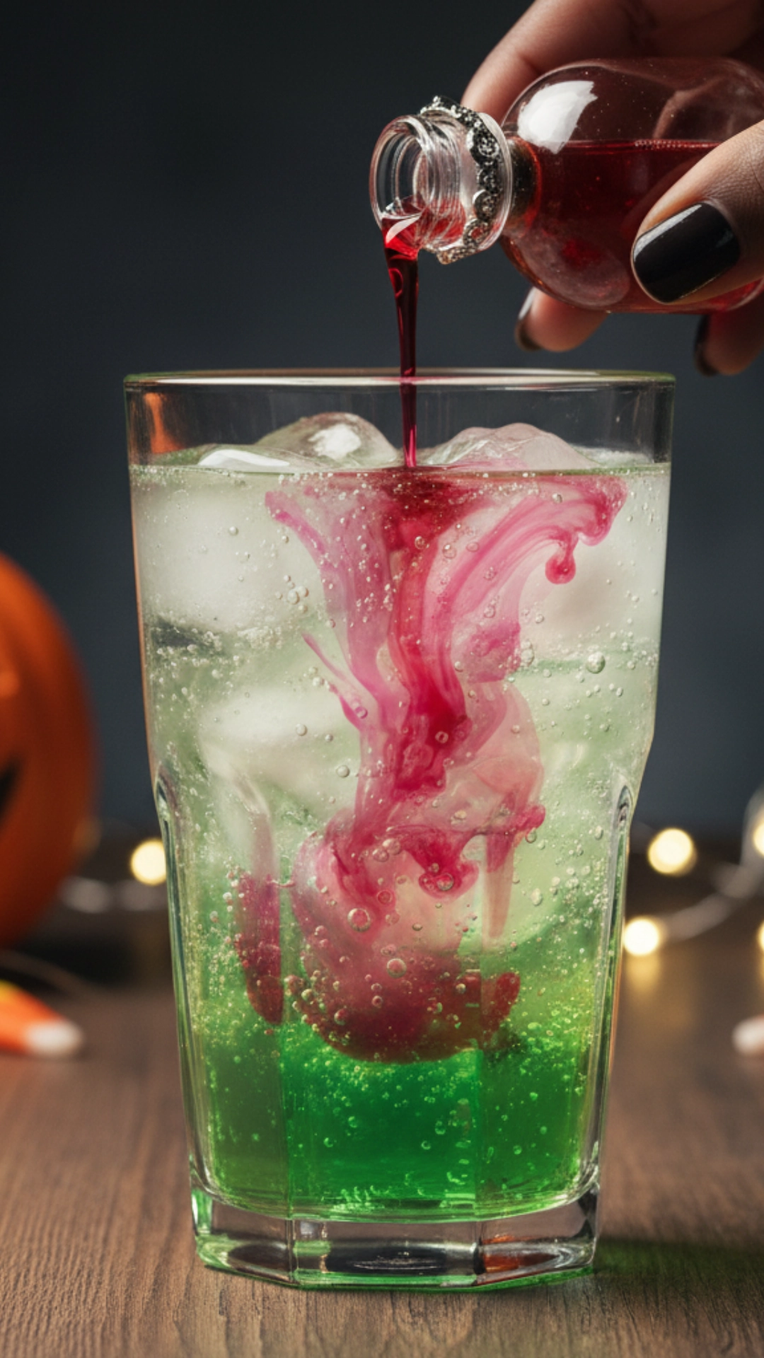 15 Fun Non Alcoholic Halloween Punch Recipes 15 A fun, interactive nonalcoholic Halloween drink where red syrup is being poured from a mini potion bottle to create red swirls.