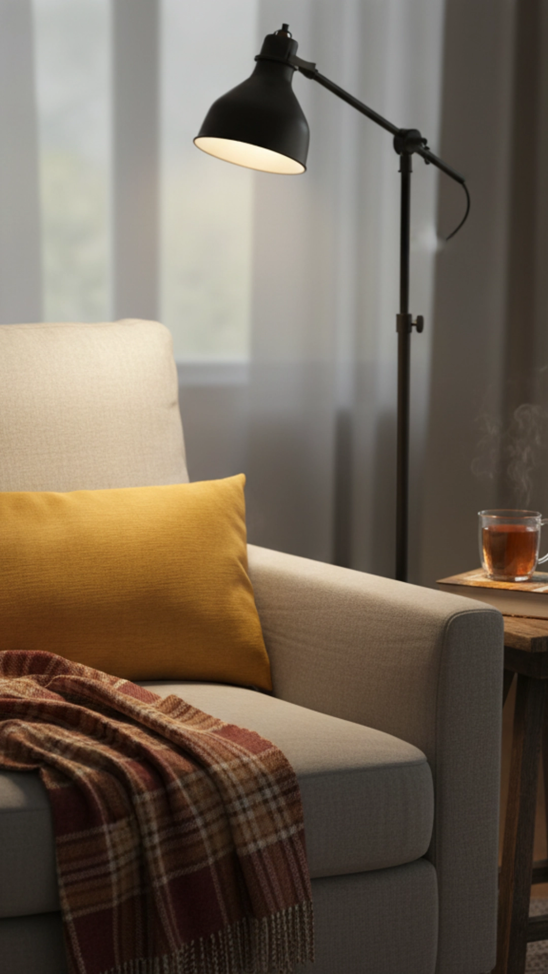 15 Unforgettable Rustic Living Room Decor Ideas 18 A cozy armchair in the corner of a room, complete with a soft blanket, a pillow, a side table, and a warm lamp.