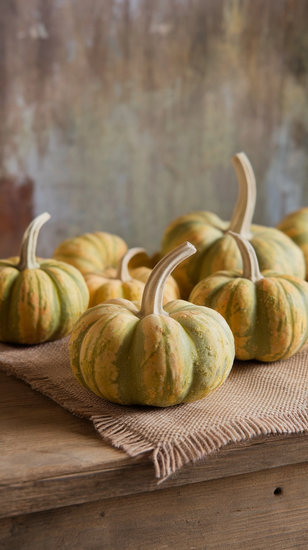 A collection of Jack Be Little pumpkins on a burlap cloth, showcasing their small size and vibrant colors.
