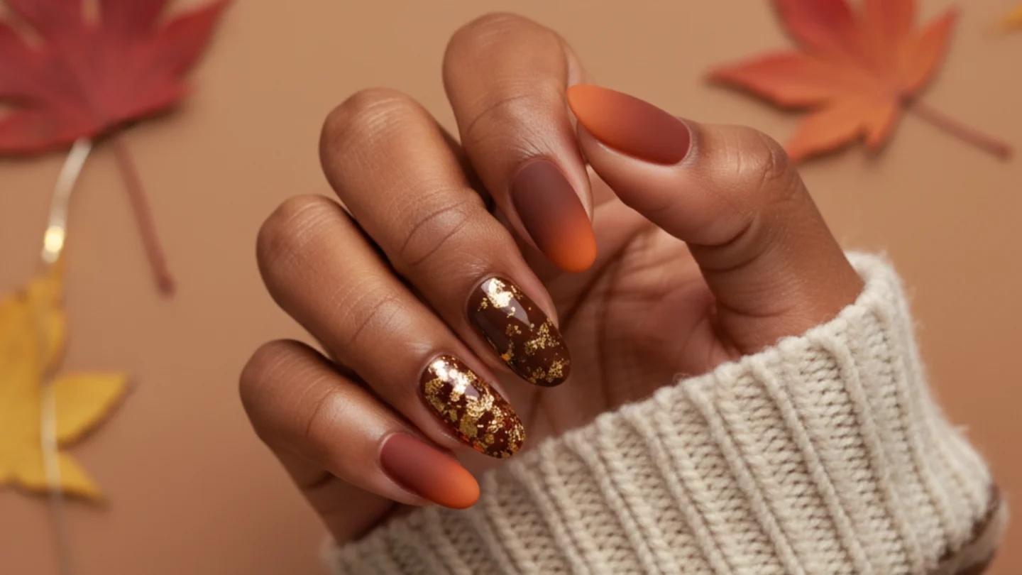25 Jaw-Dropping Fall Nail Ideas You Must Try 1 Fall Nail Ideas, including ombre, matte burgundy, gold leaf, and sweater knit textures, set against a cozy autumn background.