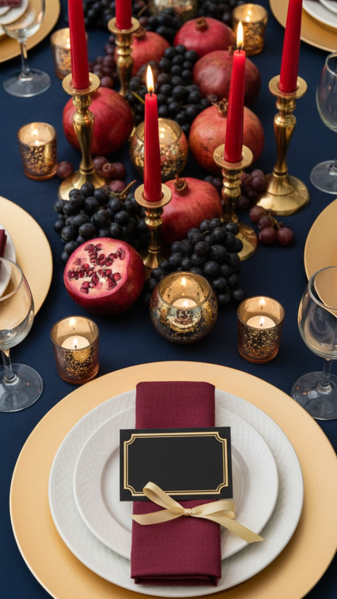 12 Shocking Thanksgiving Table Decor Ideas You Need 6 A jewel-tone Thanksgiving table decor scheme with navy blue, gold, and pomegranates.