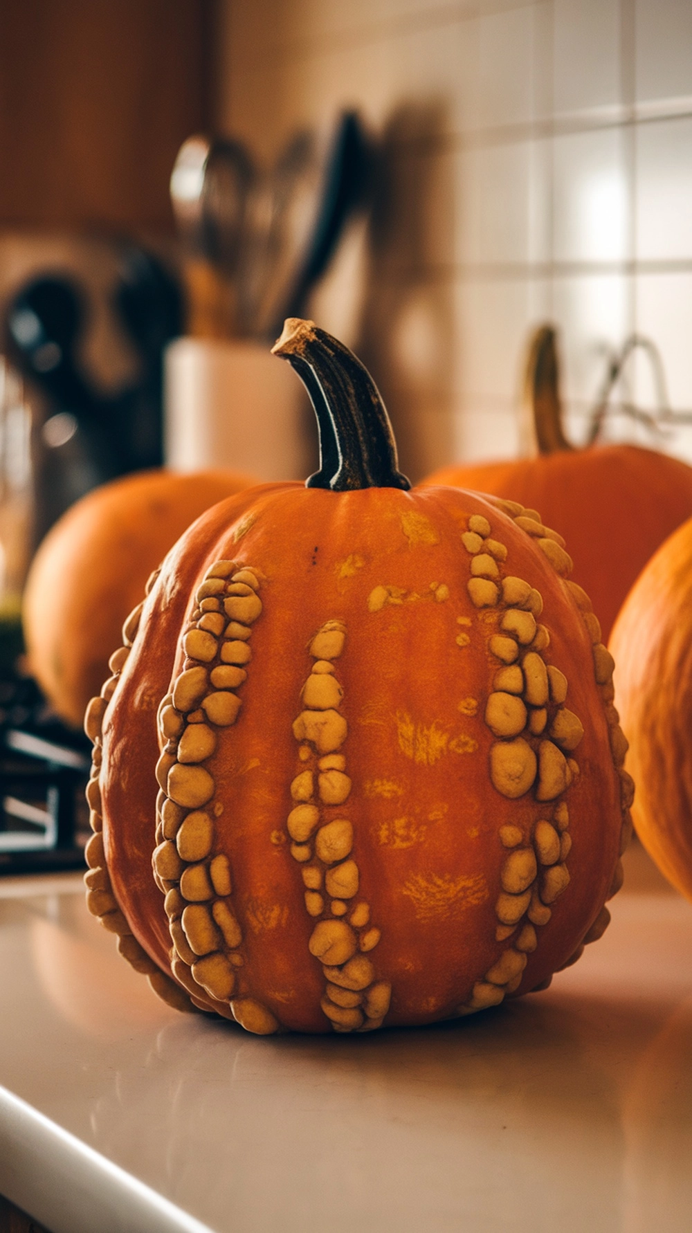 A Knucklehead pumpkin with a bumpy texture and vibrant orange color, sitting on a kitchen countertop.