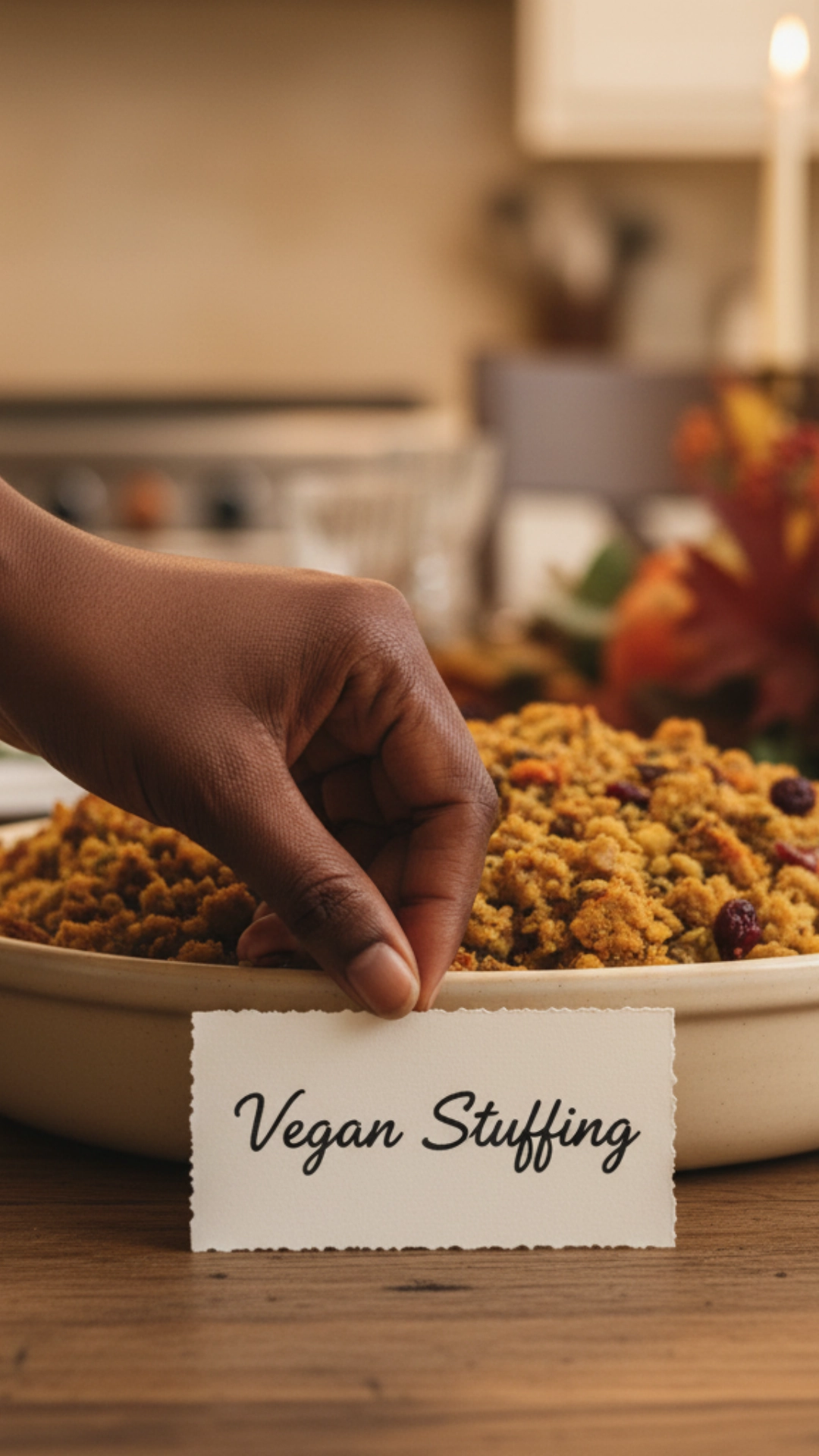 How to Plan the Perfect Thanksgiving Menu 10 Placing a handwritten 'Vegan Stuffing' label in front of a ceramic serving bowl.