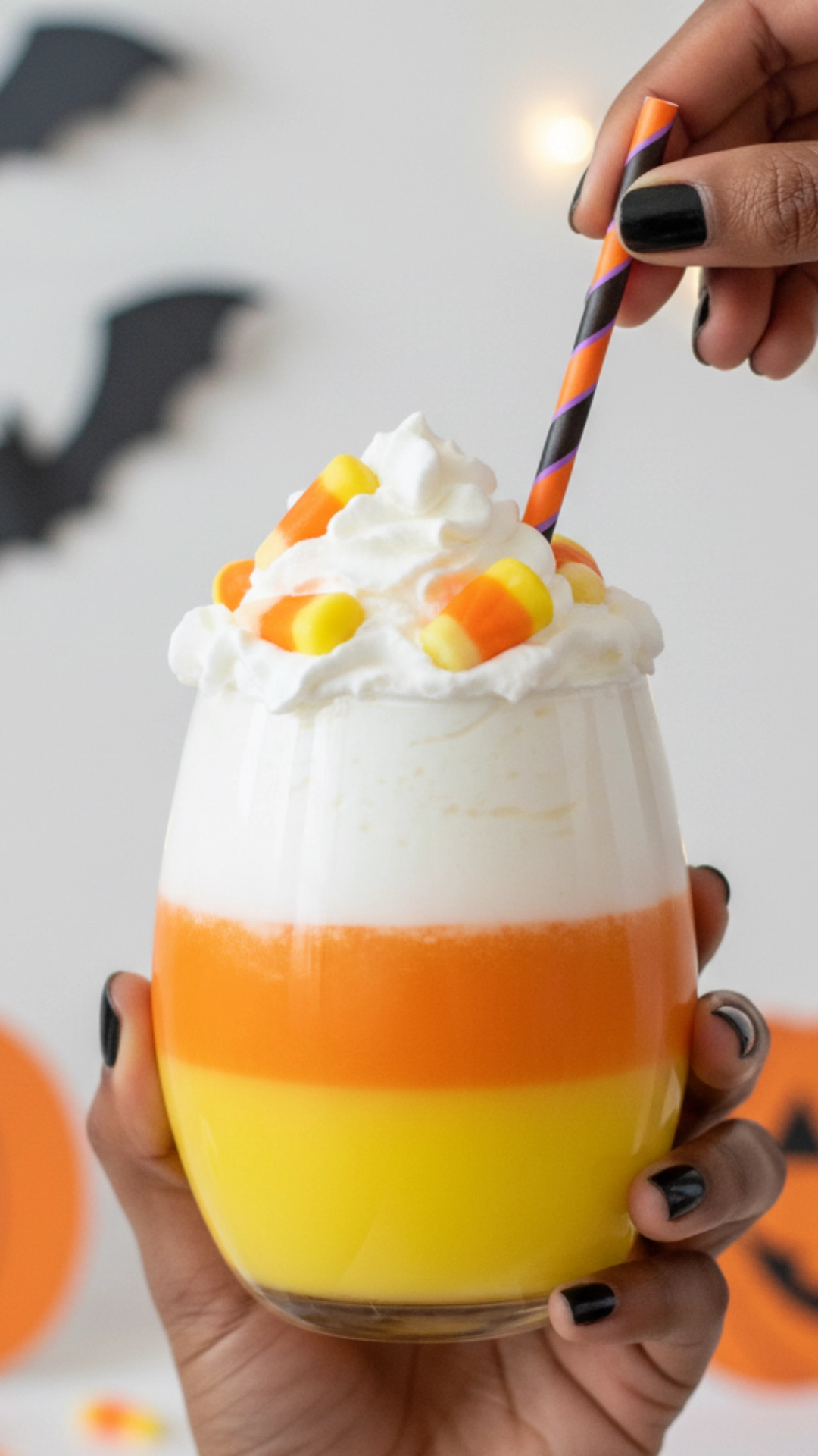 15 Fun Non Alcoholic Halloween Punch Recipes 12 A perfectly layered nonalcoholic Halloween drink that looks just like a candy corn, topped with whipped cream.