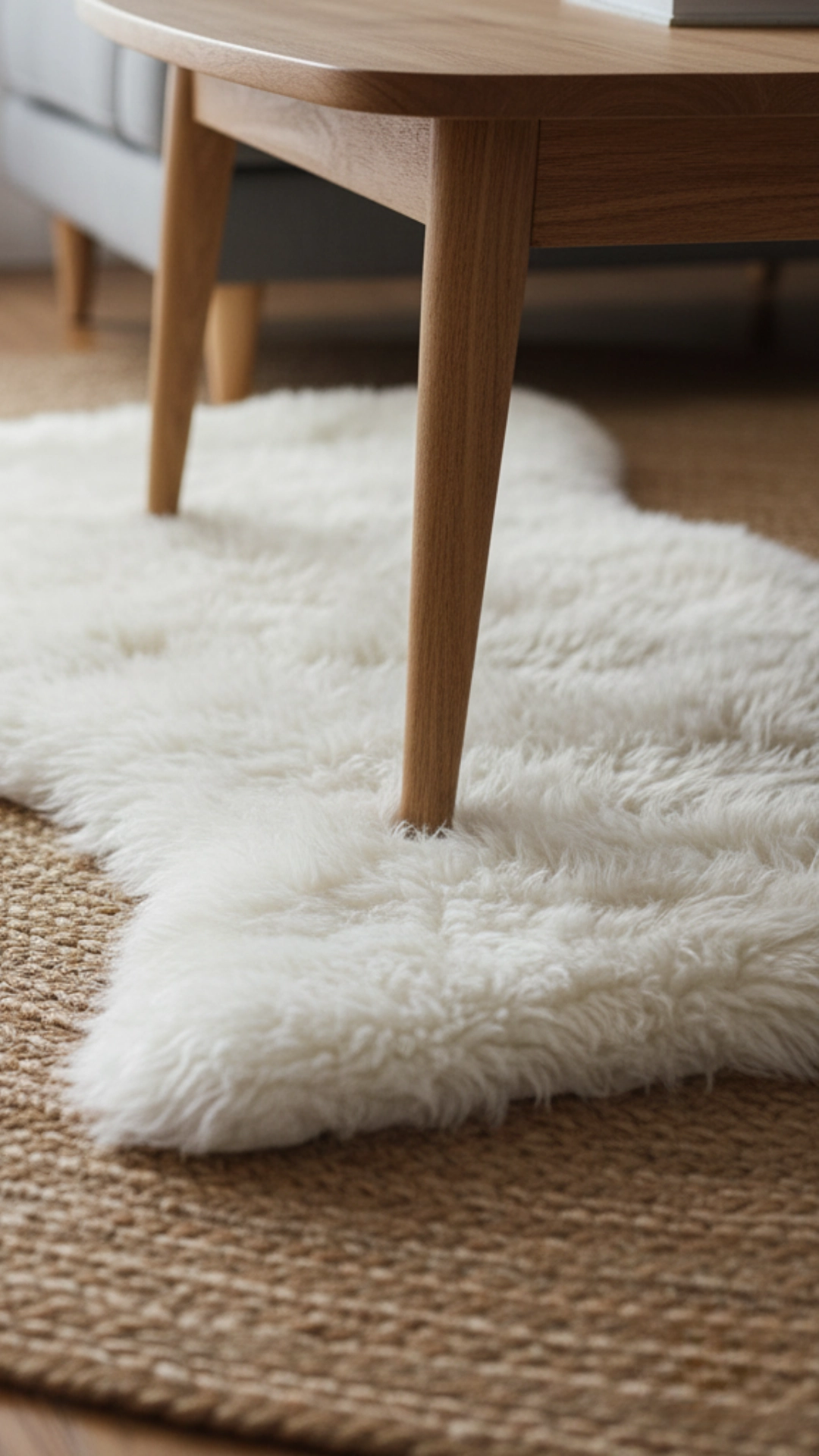 17 Cozy Living Room Decor Ideas for a Warm Winter 2 A close-up of layered rugs, with a plush faux-sheepskin rug on top of a natural jute rug, a cozy living room decor idea.