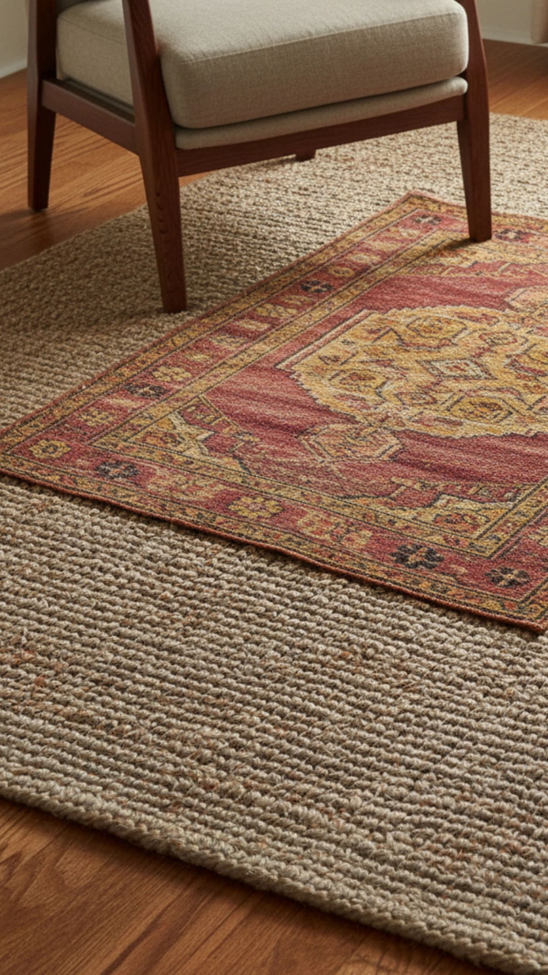 15 Unforgettable Rustic Living Room Decor Ideas 10 A shot of a living room floor showing a patterned vintage-style rug layered over a larger neutral jute rug.