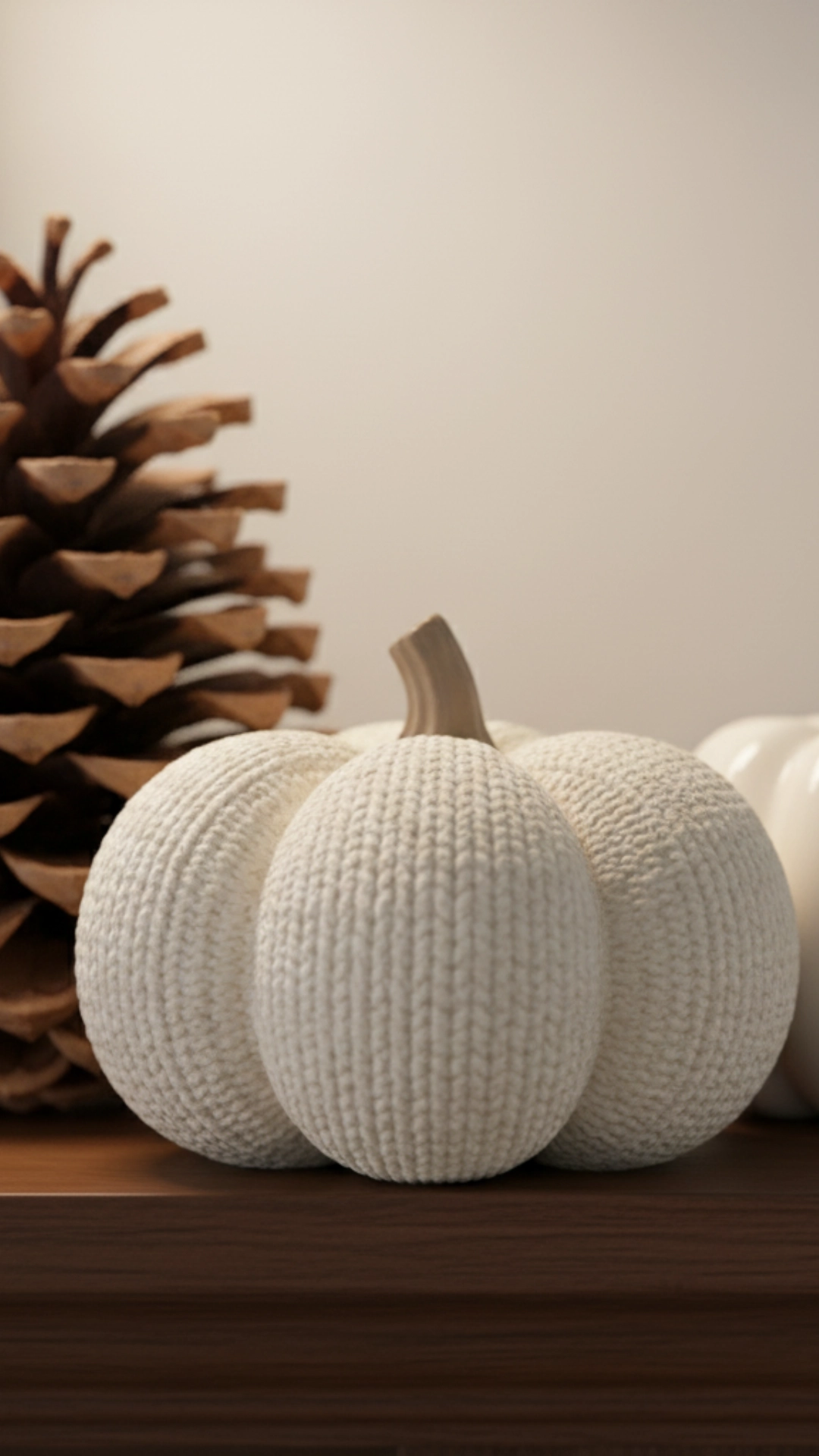 How to Layer Fall Mantle Decor (The 6-Step Guide) 7 A close-up macro shot of varied fall textures, including a soft knit pumpkin, a smooth ceramic pumpkin, and a rough pinecone.