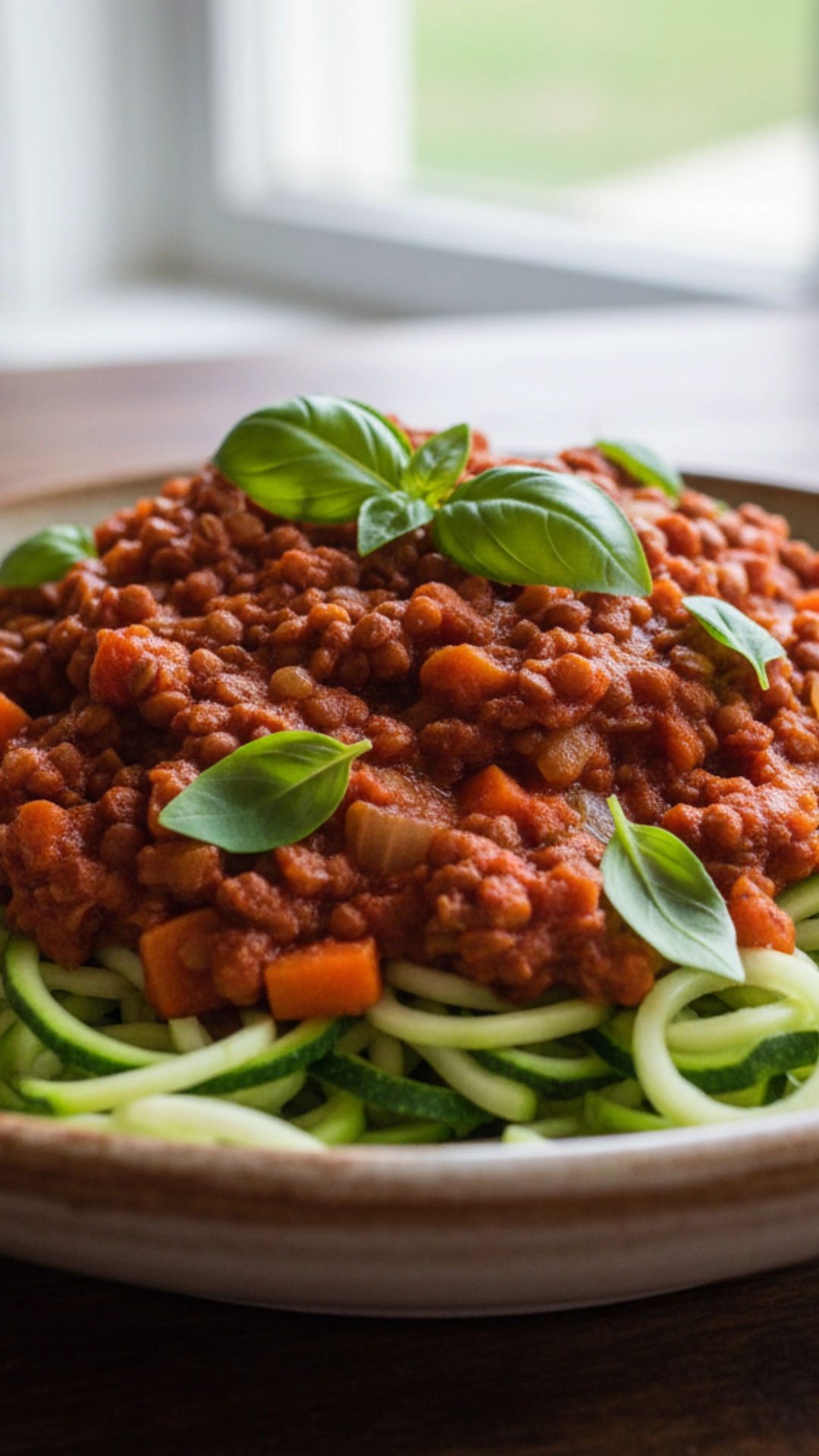 15 Delicious High Fiber Meals to Keep You Full 8 Hearty lentil bolognese served over fresh zucchini noodles in a white bowl.