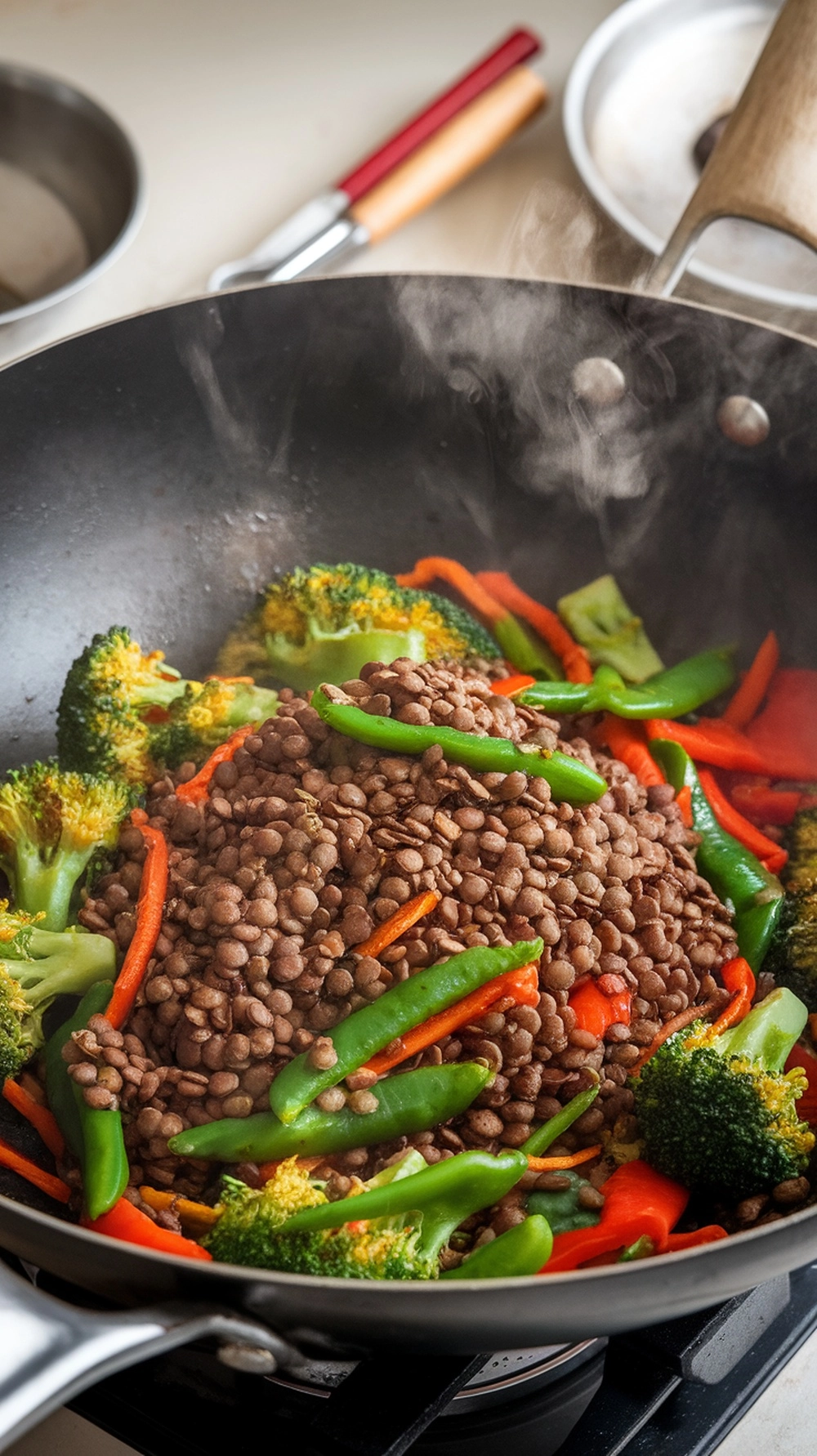 10 High Fiber Dinner Recipes for a Healthier You 7 A colorful stir-fry with lentils and various vegetables in a pan.