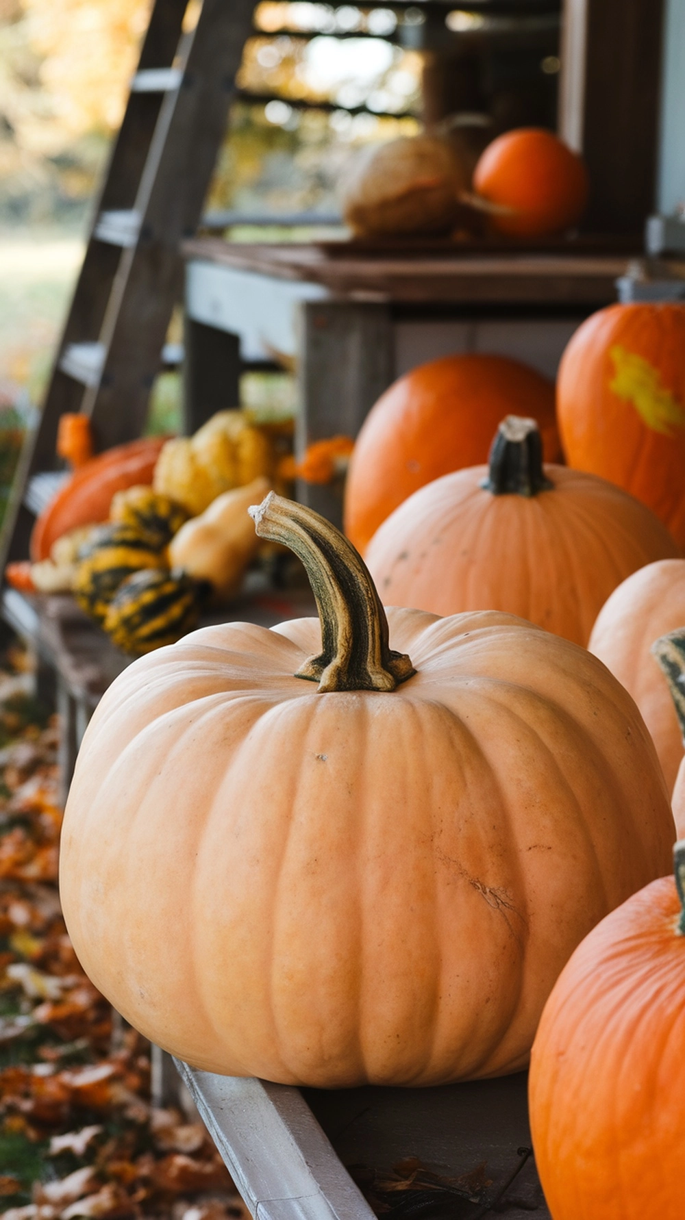 A Long Island Cheese Pumpkin with a smooth tan skin and a flattened shape, surrounded by other pumpkins and gourds.