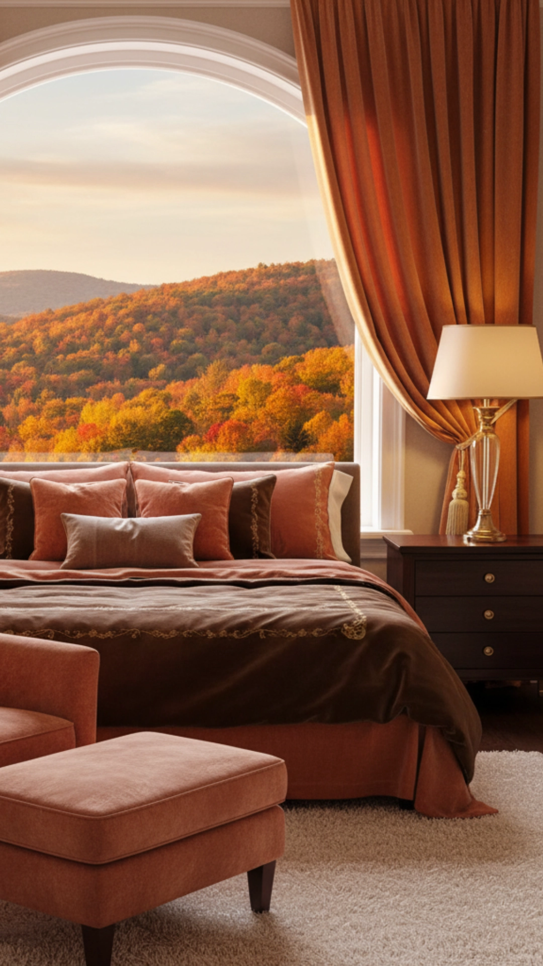 An elegant bedroom featuring a large arched window with a view of autumn hills, rust-orange curtains, and a plush cream-colored shag rug.