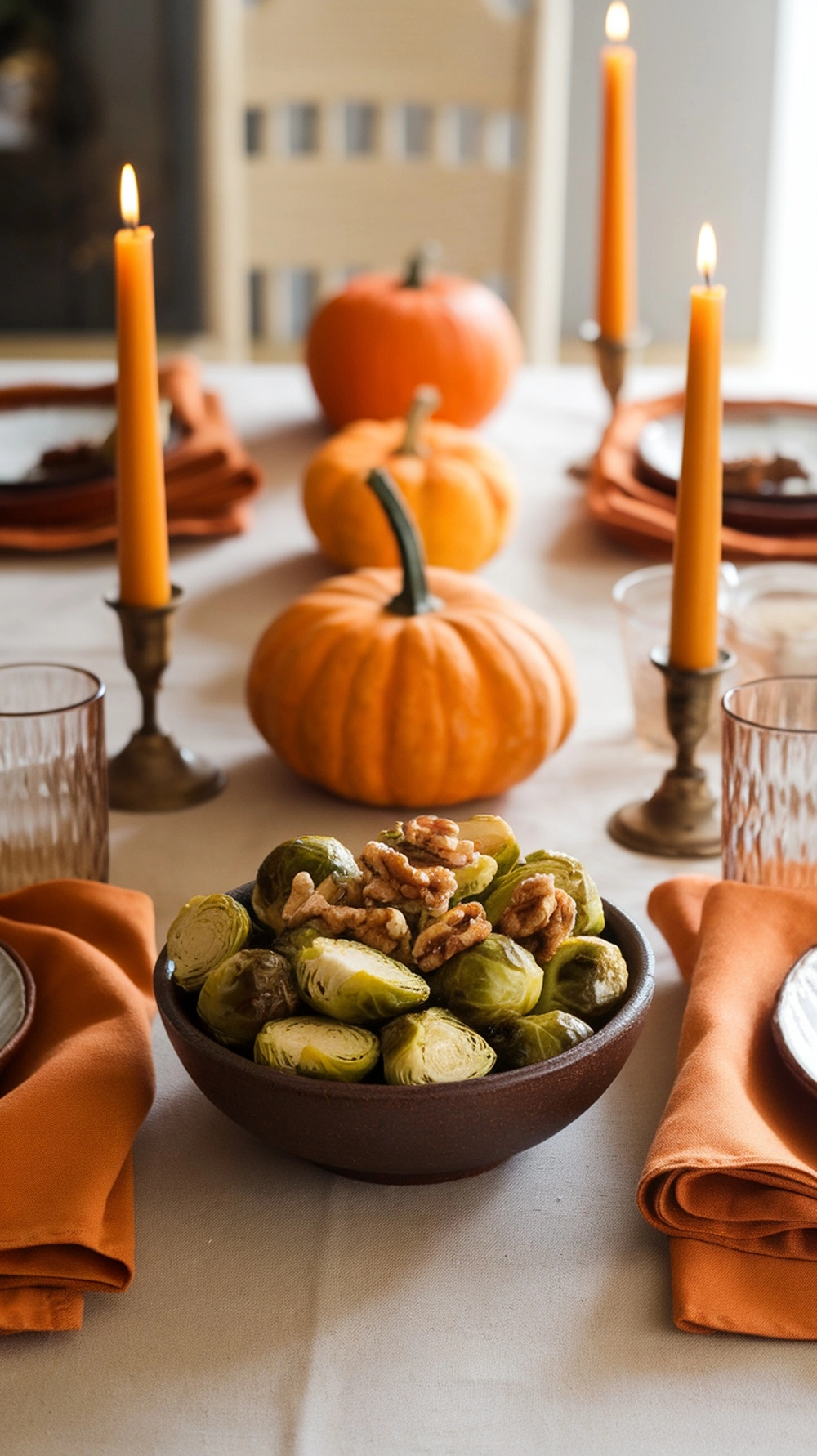 12 Cozy Fall Dinner Recipes To Warm You Up 10 A bowl of maple-glazed Brussels sprouts topped with walnuts, surrounded by pumpkins and candles on a fall-themed dinner table.