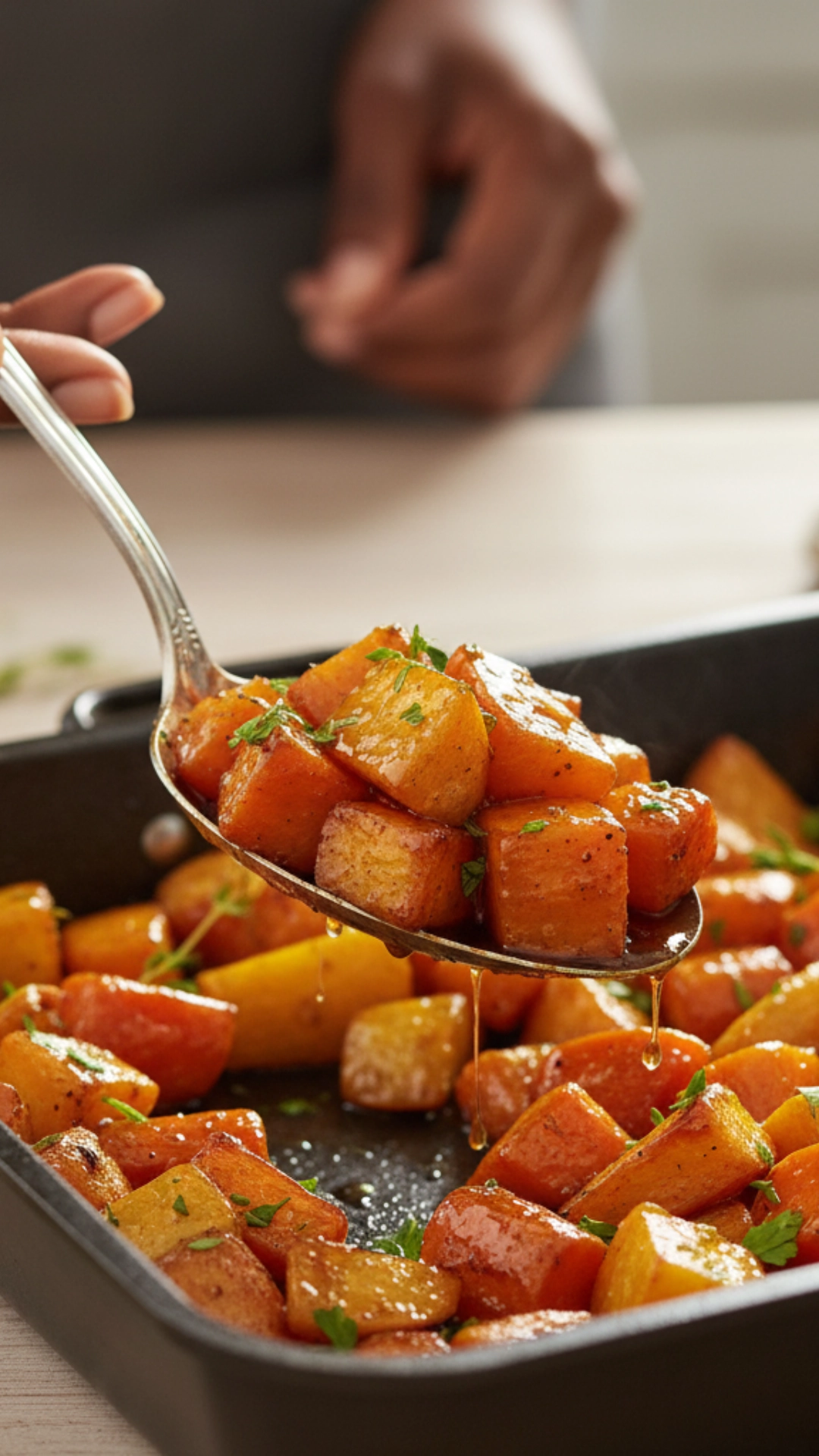 18 Amazing Healthy Thanksgiving Recipes to Try Now 8 A spoonful of roasted maple-glazed carrots and parsnips.