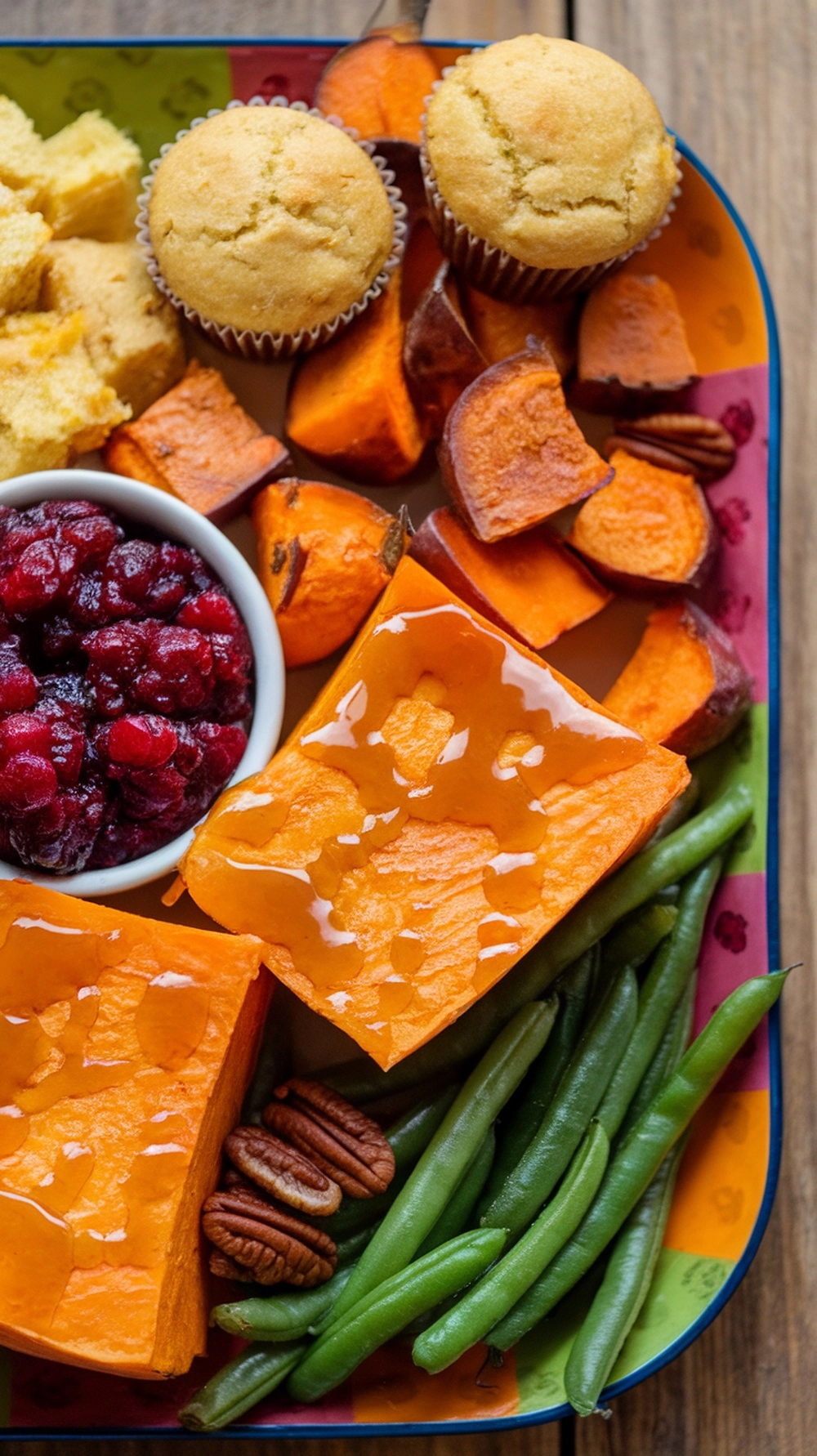 10 Easy Thanksgiving Side Dishes Everyone Will Love 10 A colorful plate featuring maple roasted butternut squash, green beans, sweet potatoes, cornbread muffins, and cranberry sauce.