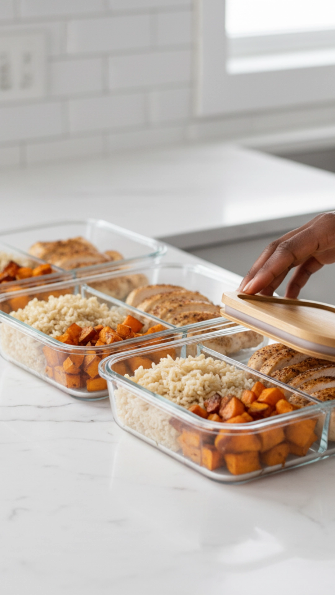 Power-Packed Chicken Rice Bowl: A Healthy Delight 4 Meal prep container filled with components for a healthy chicken rice bowl.