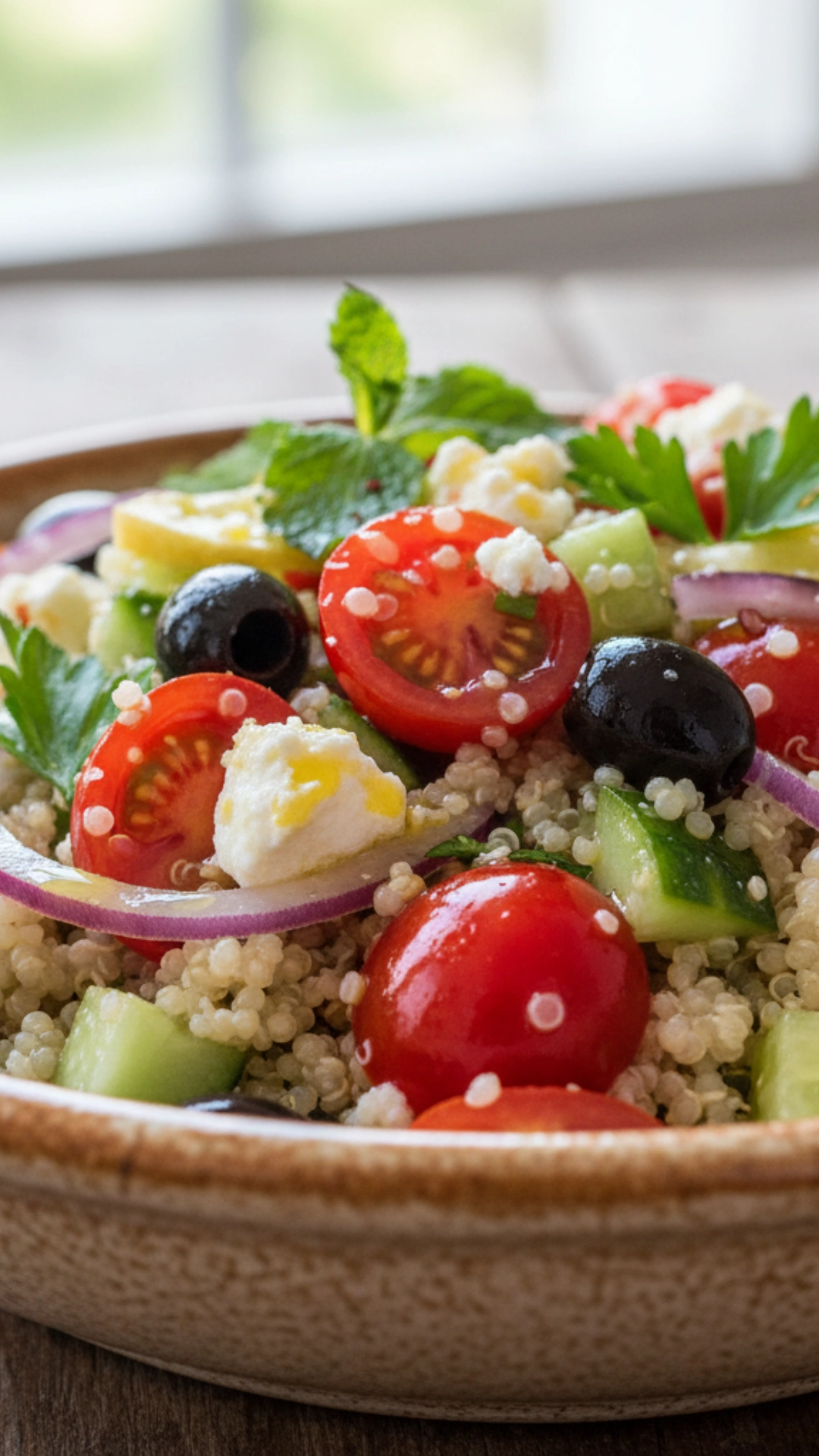 15 Delicious High Fiber Meals to Keep You Full 3 Close-up of a vibrant Mediterranean quinoa salad with feta and vegetables.