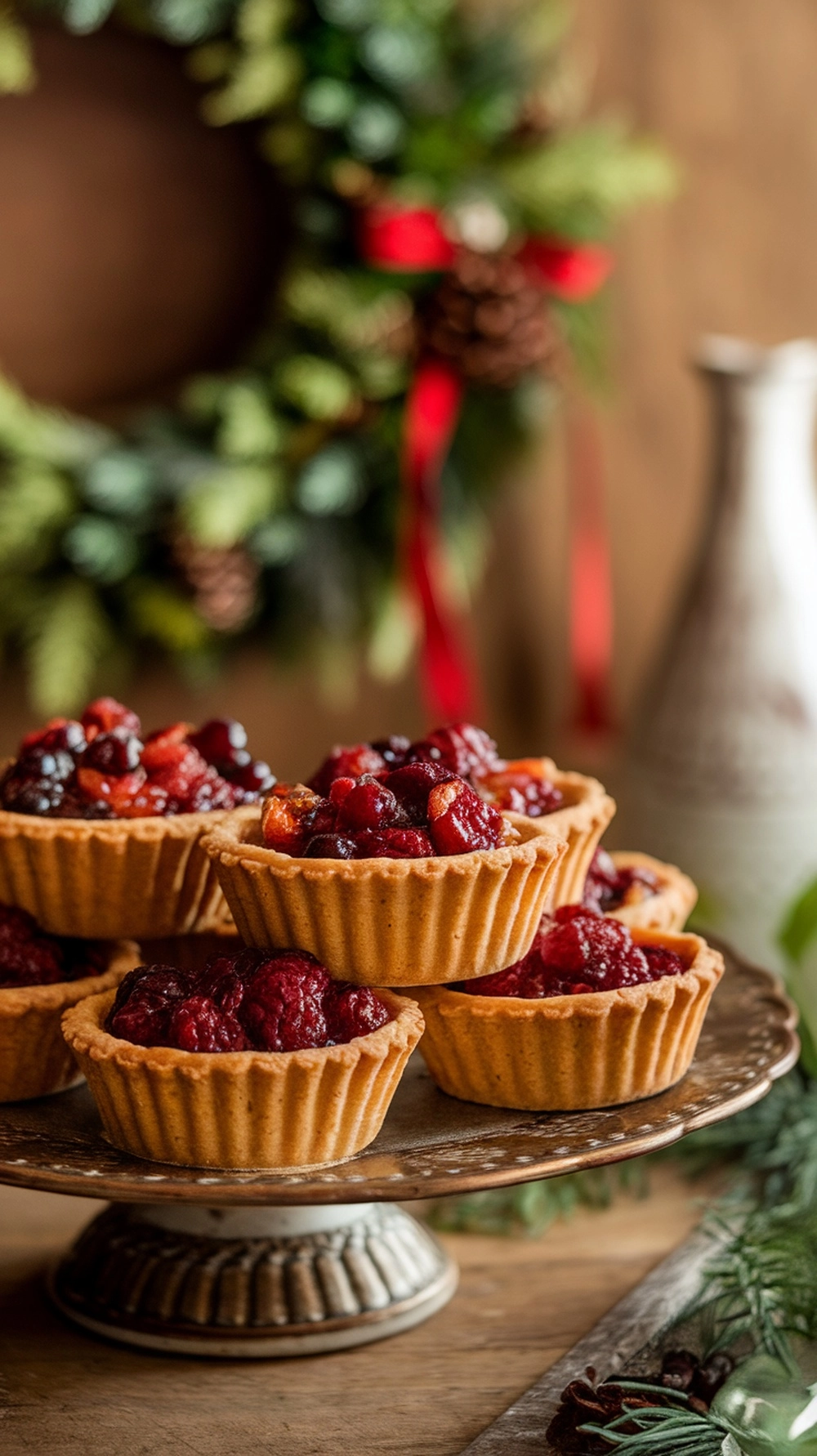 16 Irresistible Christmas Desserts That Will Wow Your Guests 16 A plate of mincemeat tarts topped with dried fruits, surrounded by festive decorations.