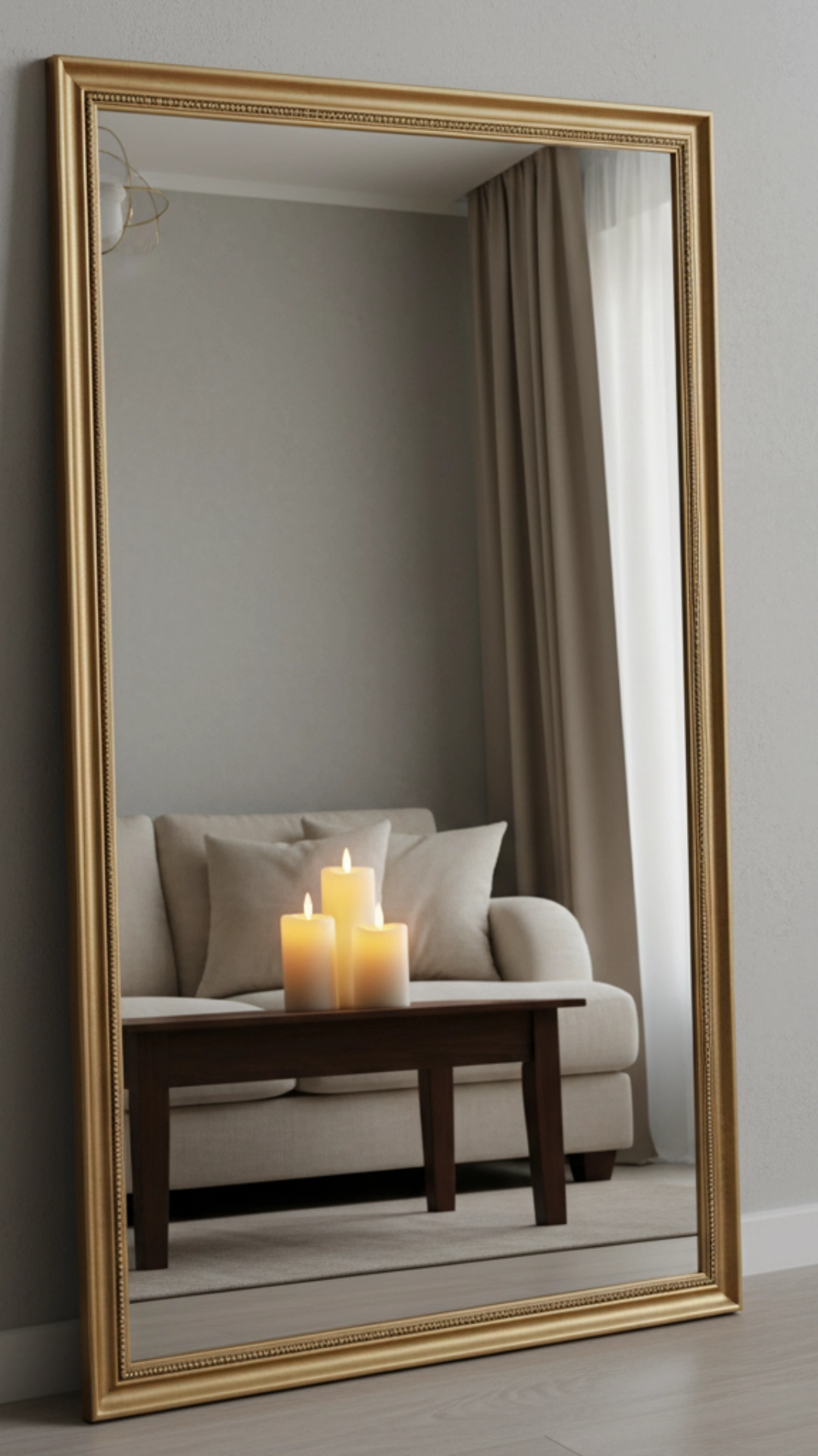 17 Cozy Living Room Decor Ideas for a Warm Winter 7 A gold-framed mirror leans against a wall, reflecting a cozy living room and amplifying the warm light.