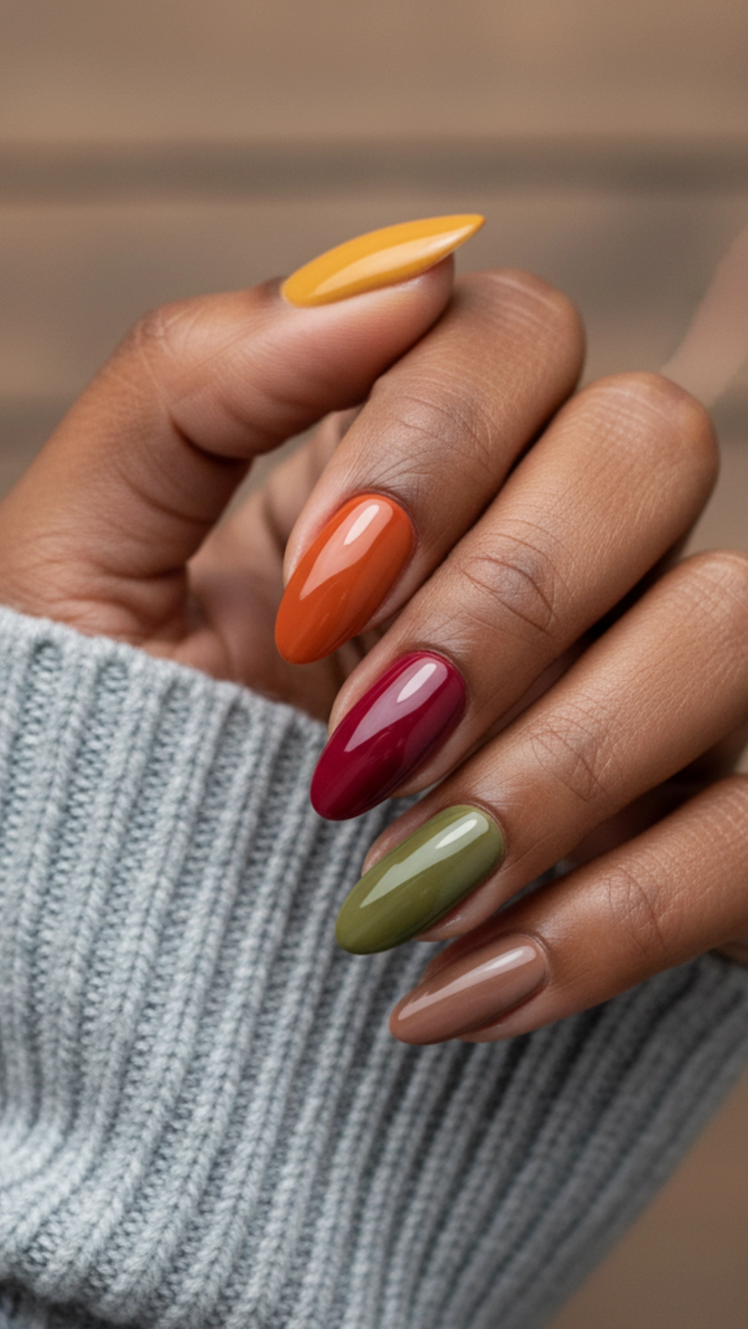 25 Jaw-Dropping Fall Nail Ideas You Must Try 16 Each nail painted a different, complementary solid fall color in a mismatched manicure.