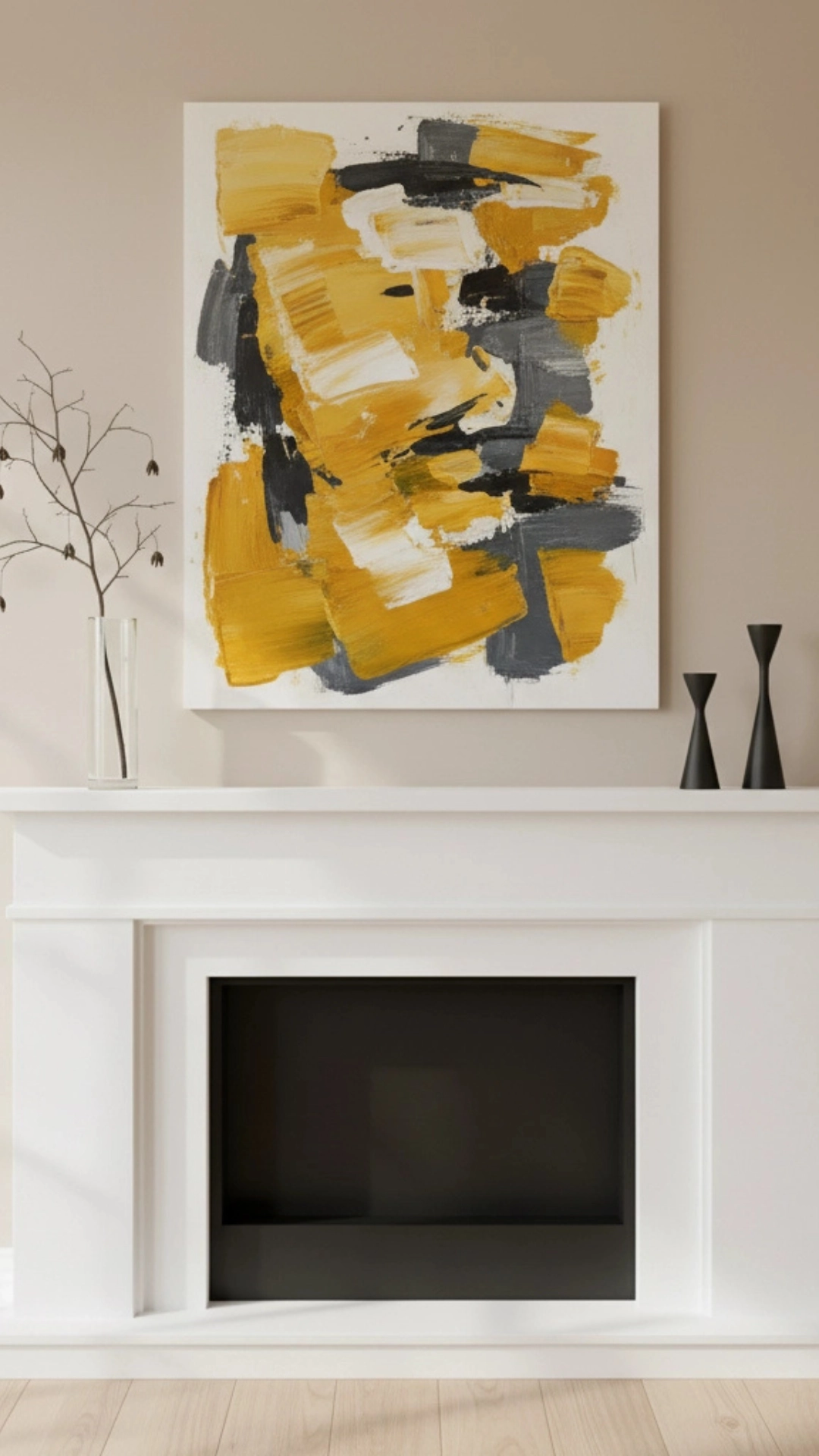 10 Insane Modern Living Room Decor Ideas for Autumn 8 A minimalist fireplace mantel styled for fall with abstract art, a single branch in a vase, and black candlesticks.