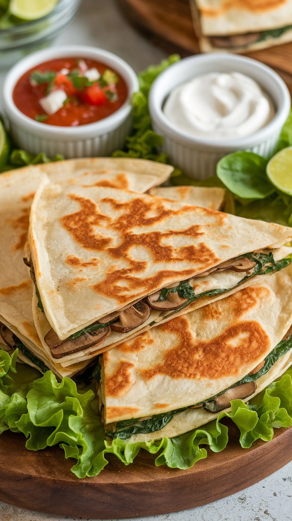 Mushroom and spinach quesadillas served with salsa and sour cream on a wooden platter