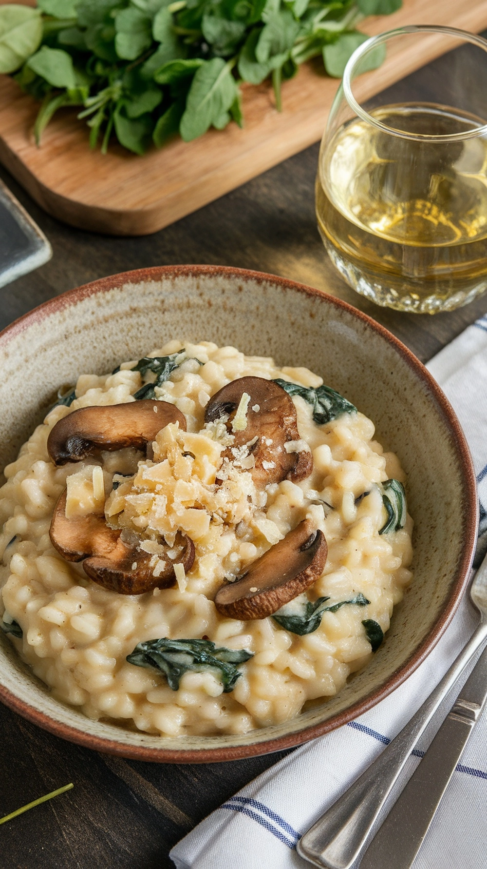 12 Cozy Fall Dinner Recipes To Warm You Up 7 A bowl of mushroom and spinach risotto topped with mushrooms and cheese, with a glass of white wine beside it.