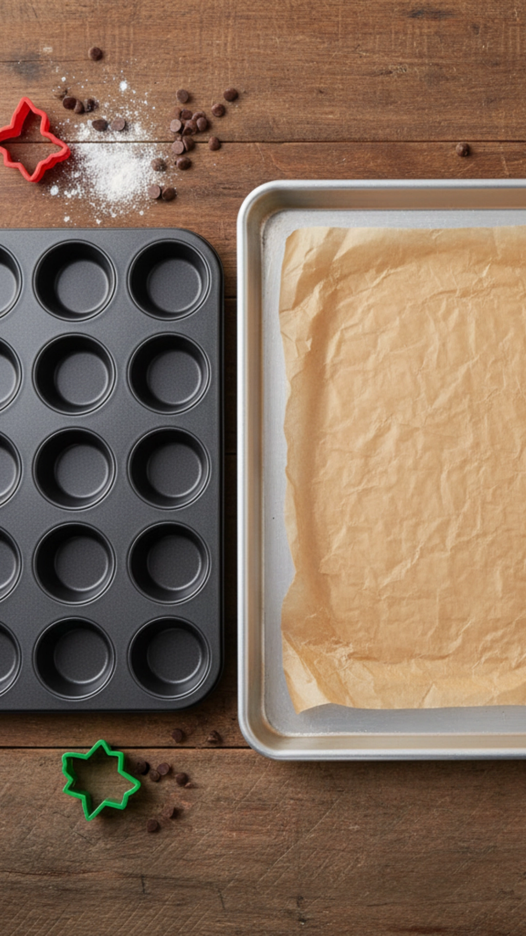 The Ultimate Guide to Home Baking Essentials 5 A flat lay of essential baking pans like a sheet pan, muffin tin, and cake pan.