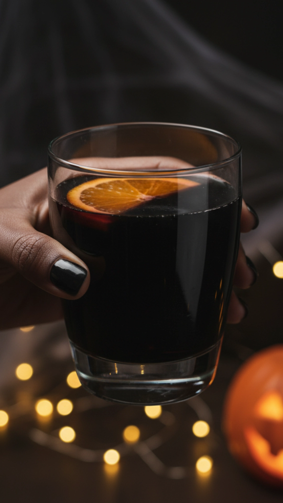 15 Fun Non Alcoholic Halloween Punch Recipes 6 A clear glass showing off a mysterious black nonalcoholic Halloween punch recipe, garnished with a bright orange slice.