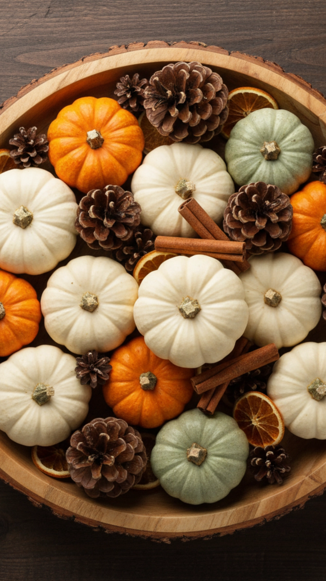 How to Use Cozy Home Decor to Unleash the Power of Fall 4 A top-down, flat-lay style shot of a large, shallow wooden bowl on a coffee table. The bowl is filled with a natural arrangement of mini pumpkins, pinecones, dried orange slices, and cinnamon sticks.