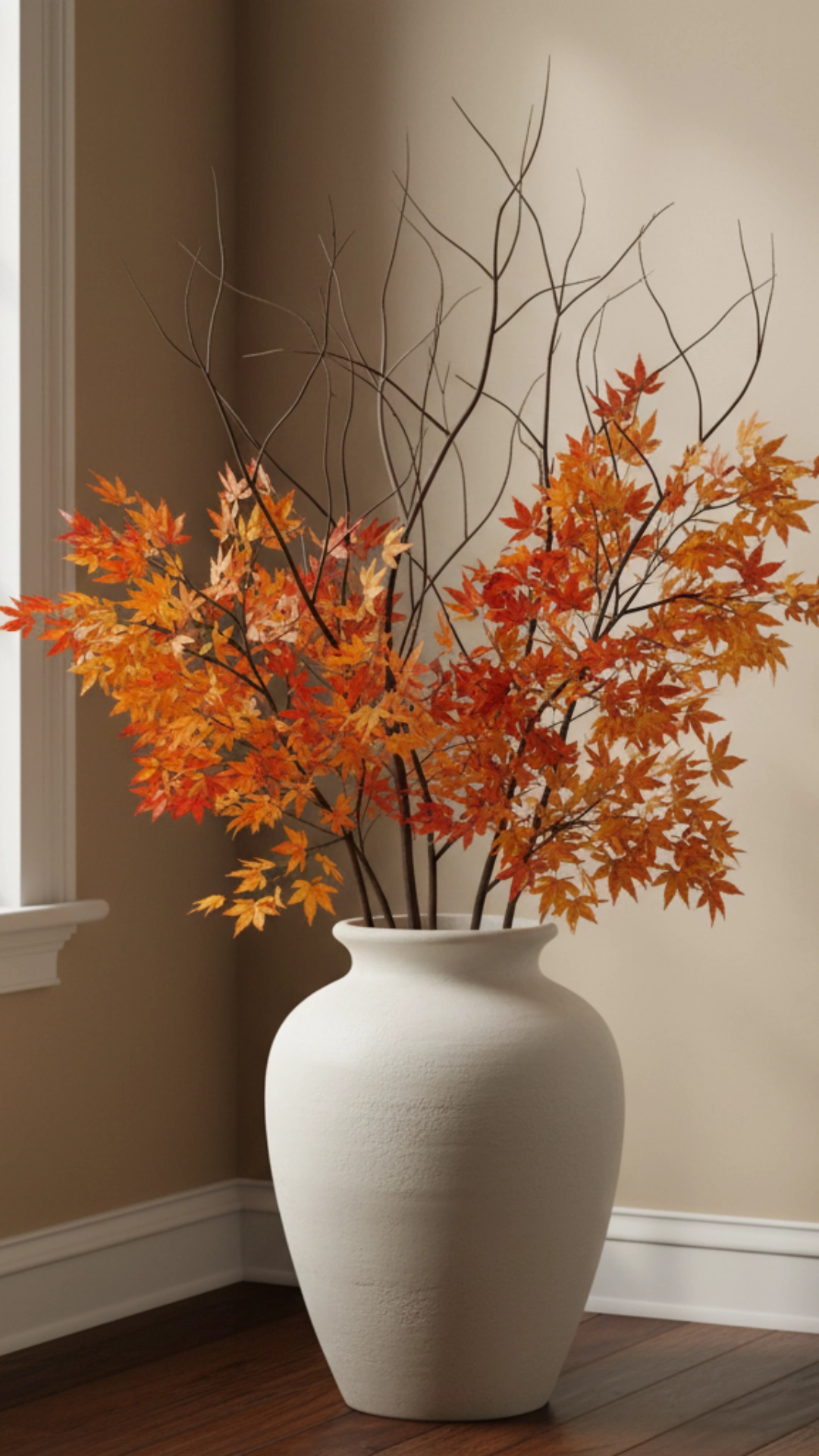 15 Unforgettable Rustic Living Room Decor Ideas 12 A large ceramic vase on a living room floor, filled with tall, dramatic branches with autumn leaves.