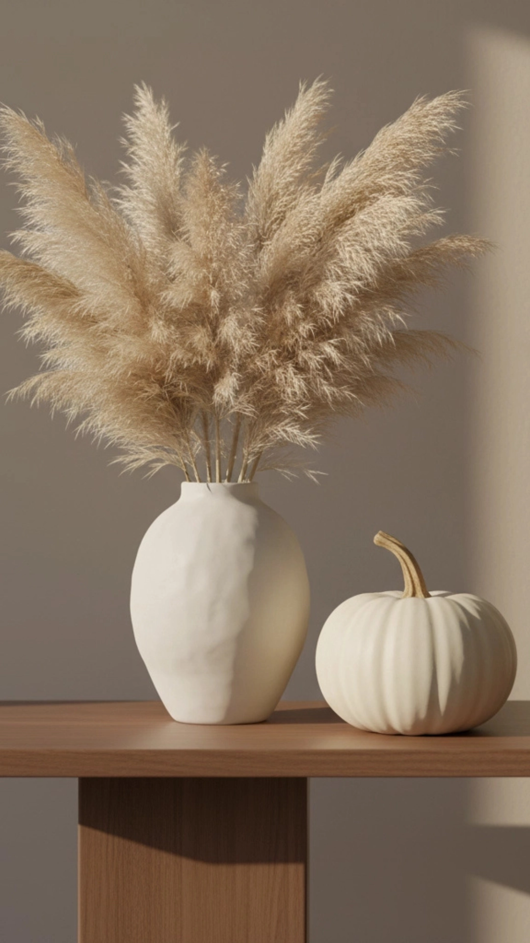 10 Insane Modern Living Room Decor Ideas for Autumn 2 A modern console table decorated for fall with pampas grass in a white vase and a single white pumpkin.