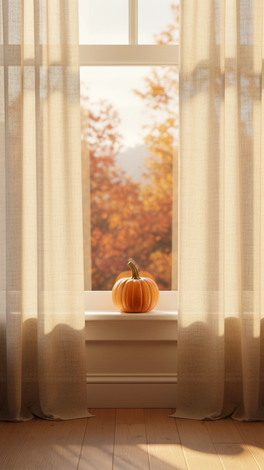 15 Unforgettable Rustic Living Room Decor Ideas 24 A window dressed with soft, natural linen curtains, with golden autumn sunlight filtering through them.