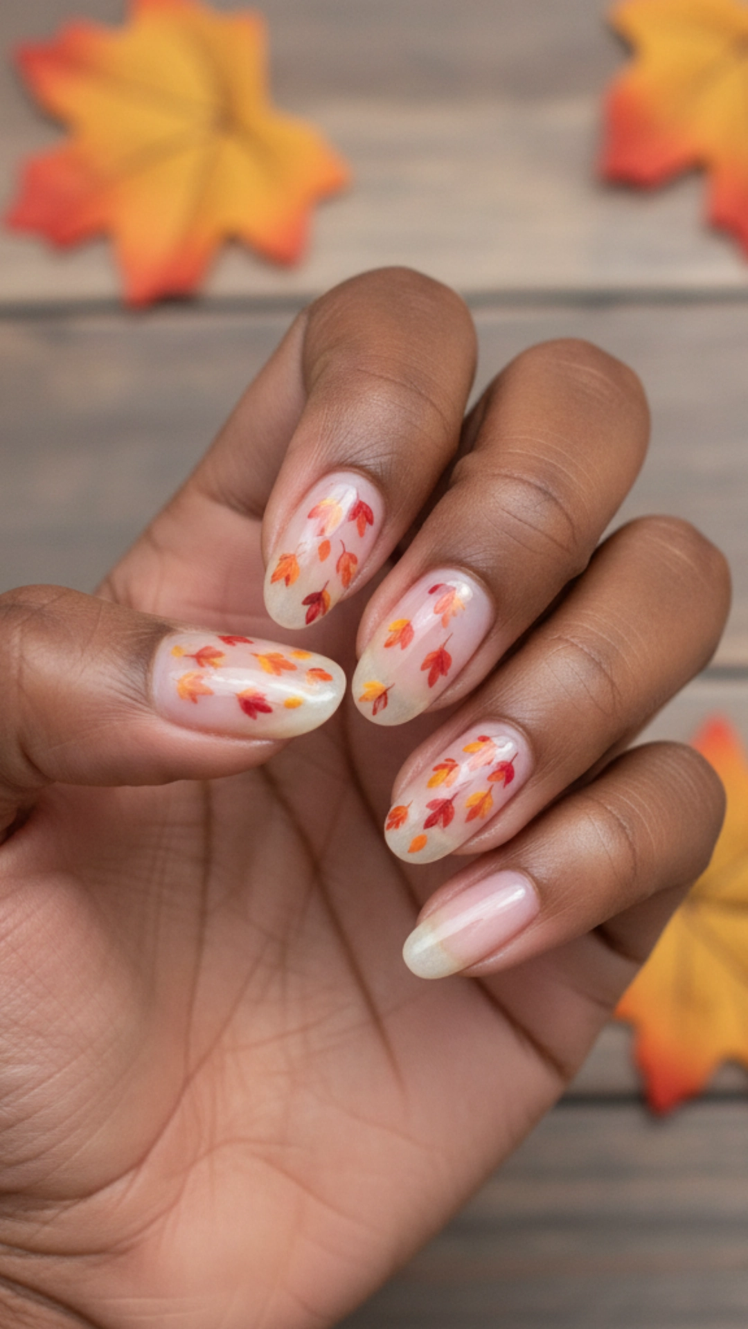 25 Jaw-Dropping Fall Nail Ideas You Must Try 18 A negative space design featuring small, hand-painted autumn leaves falling down the nail.