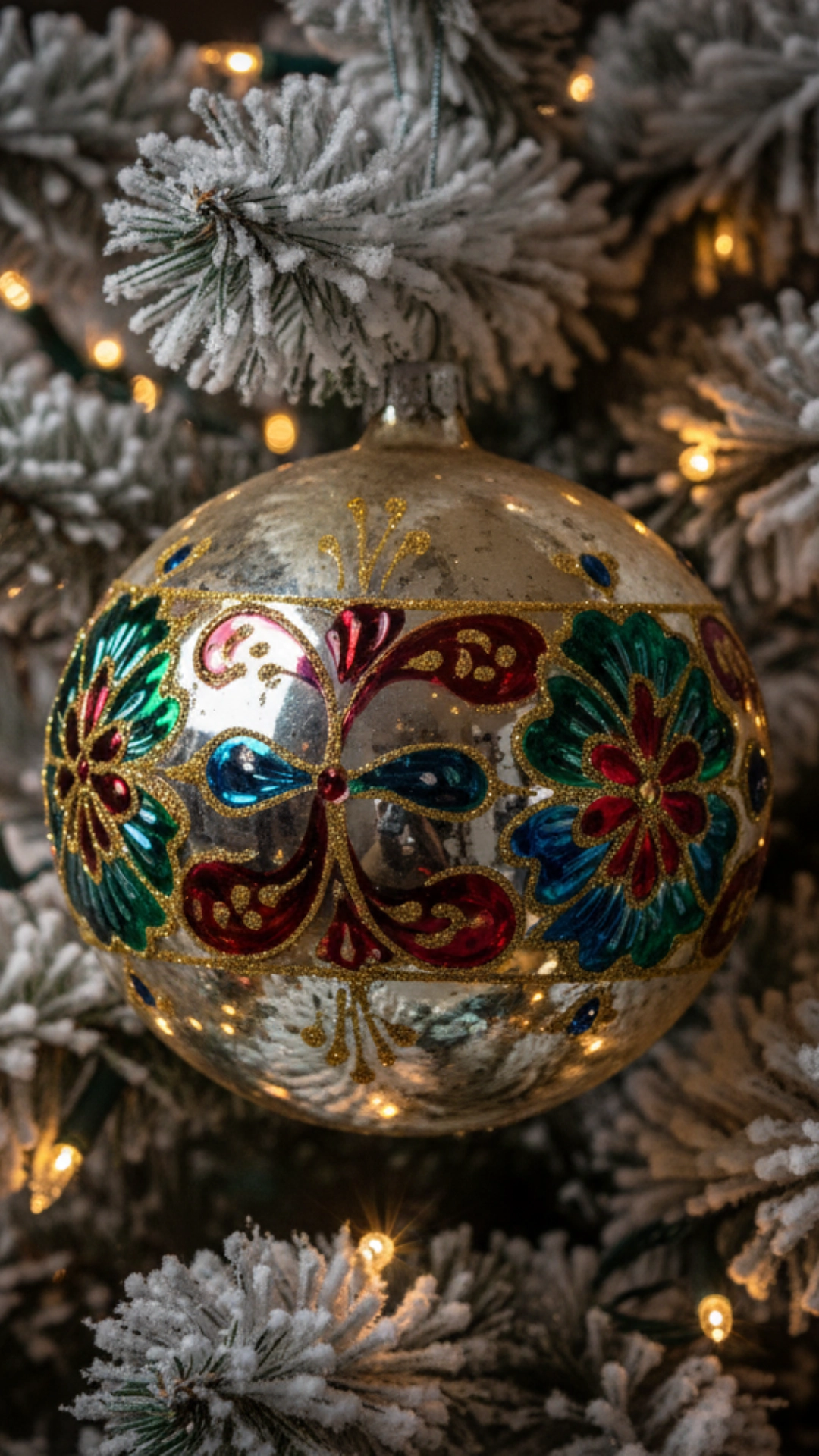A detailed, colorful vintage mercury glass ornament reflecting Christmas lights.