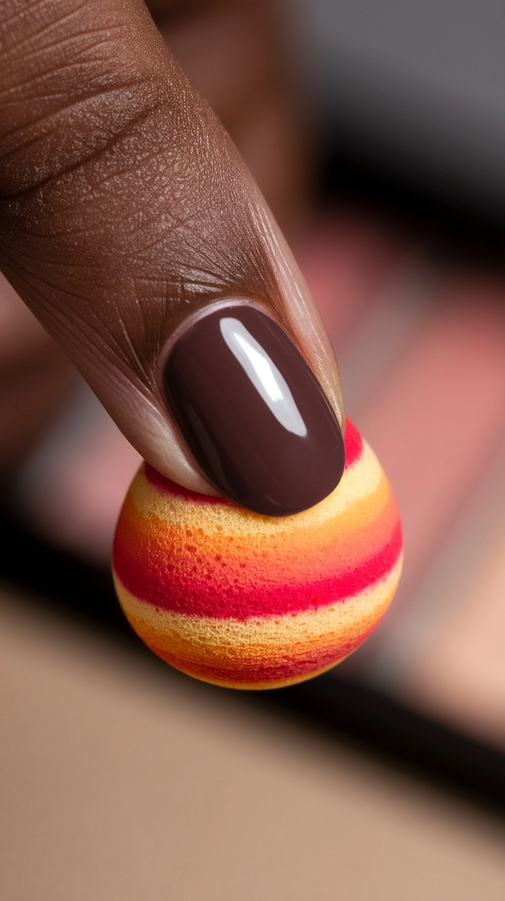 How to Create the Perfect Fall Ombre Nails at Home 4 Macro shot of makeup sponge dabbing red, orange, and yellow polish onto a thumbnail.