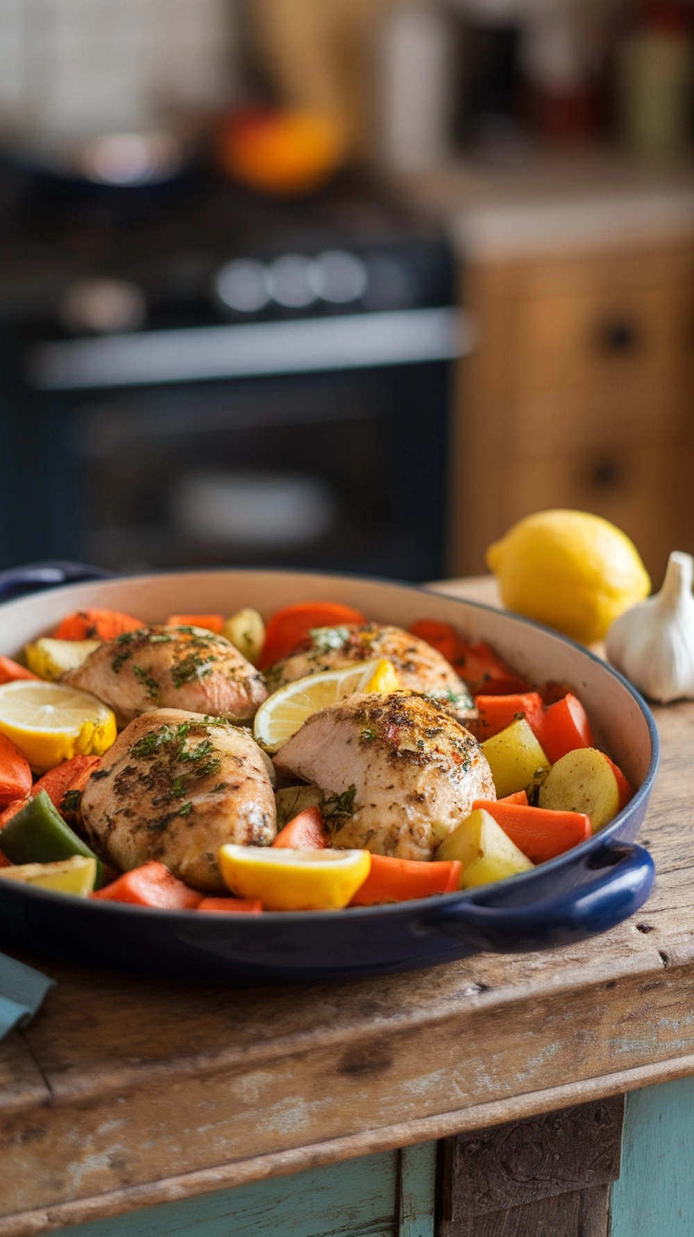 14 Quick Fall Dinner Ideas For Busy Nights 3 A one-pan dish featuring lemon garlic chicken and assorted vegetables, ready for roasting.