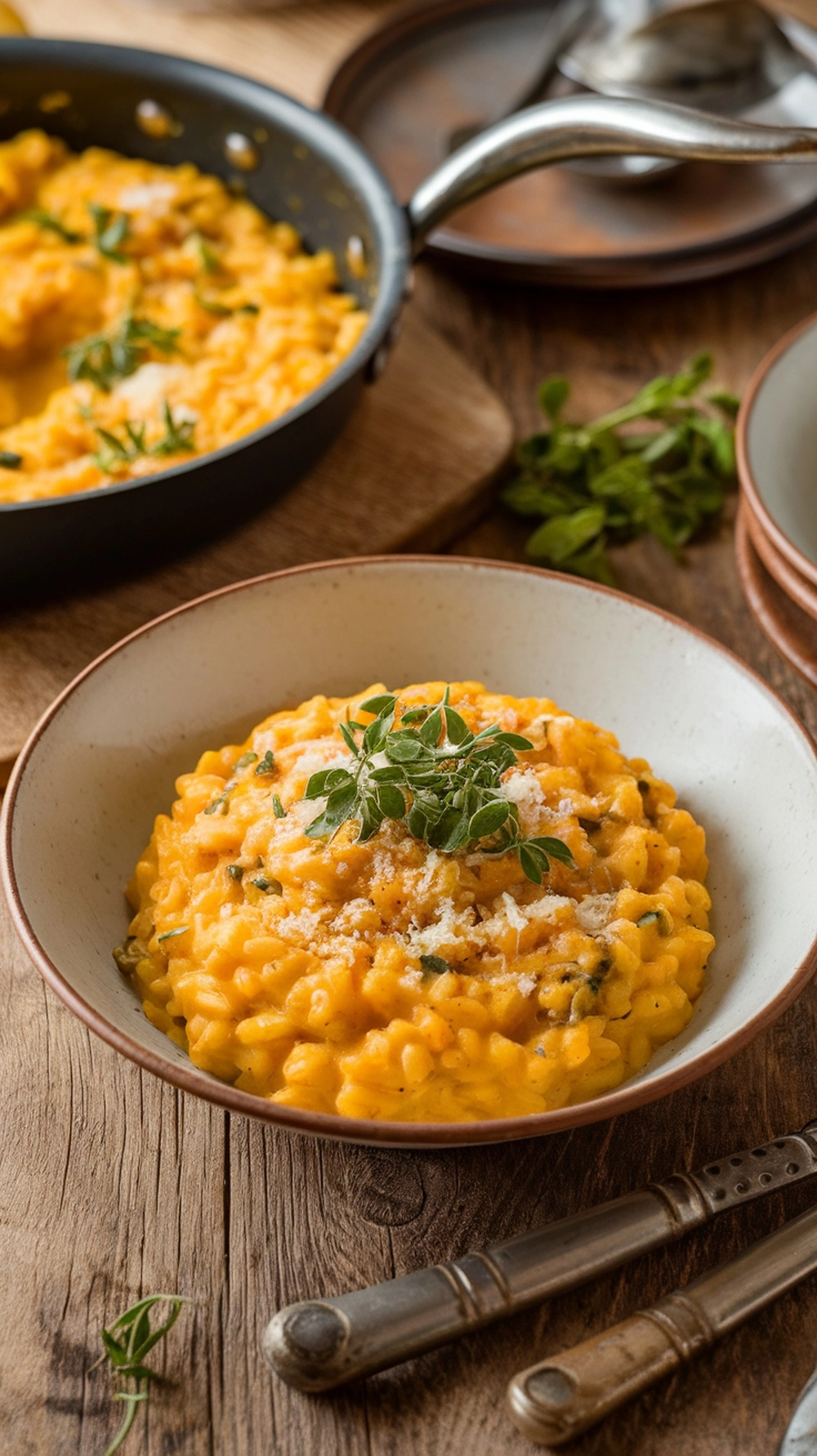 A bowl of creamy pumpkin risotto garnished with herbs, served with a side of a pan.