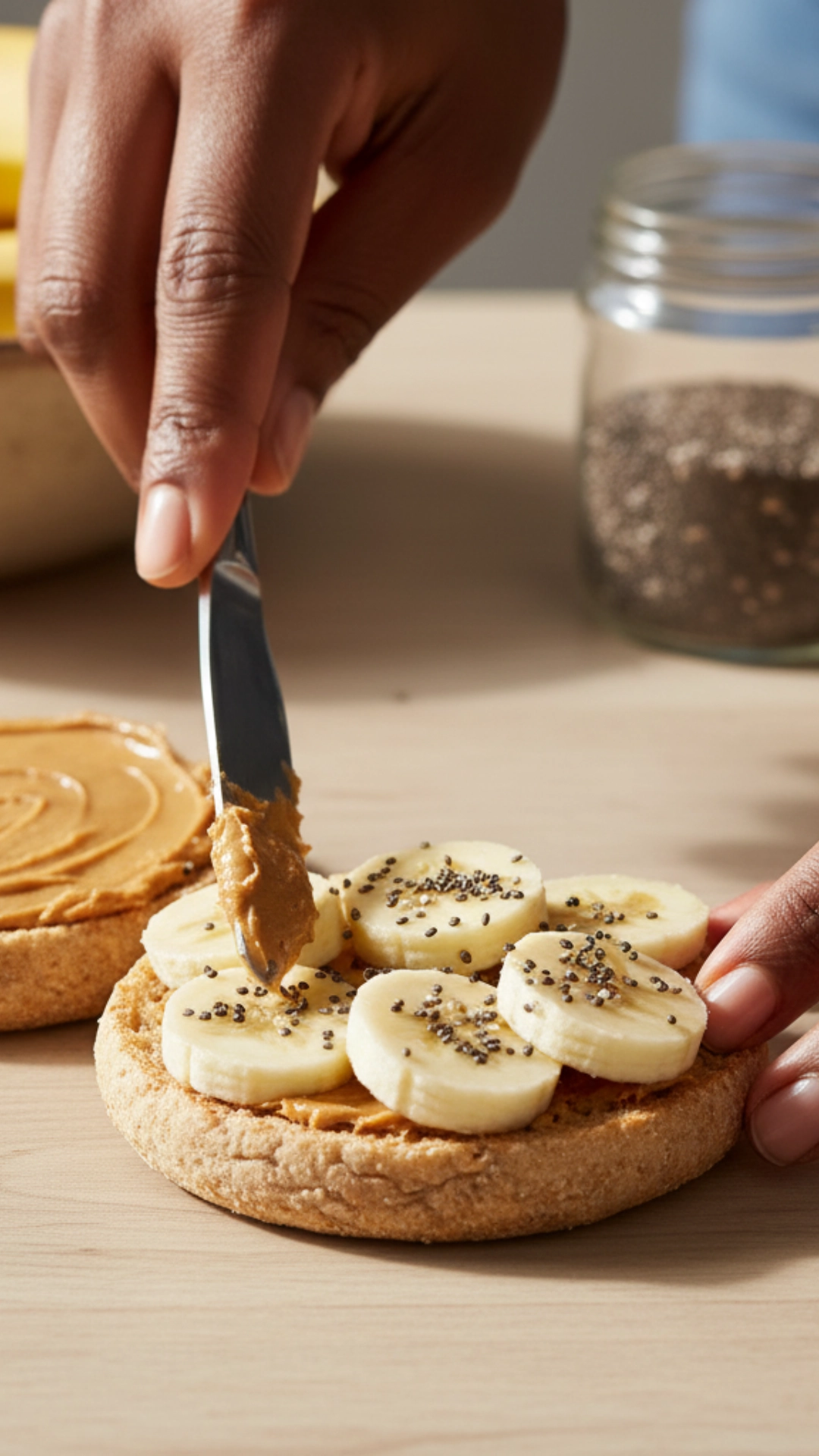 A toasted whole-wheat English muffin topped with creamy peanut butter and sliced bananas, a quick and satisfying high-protein breakfast.