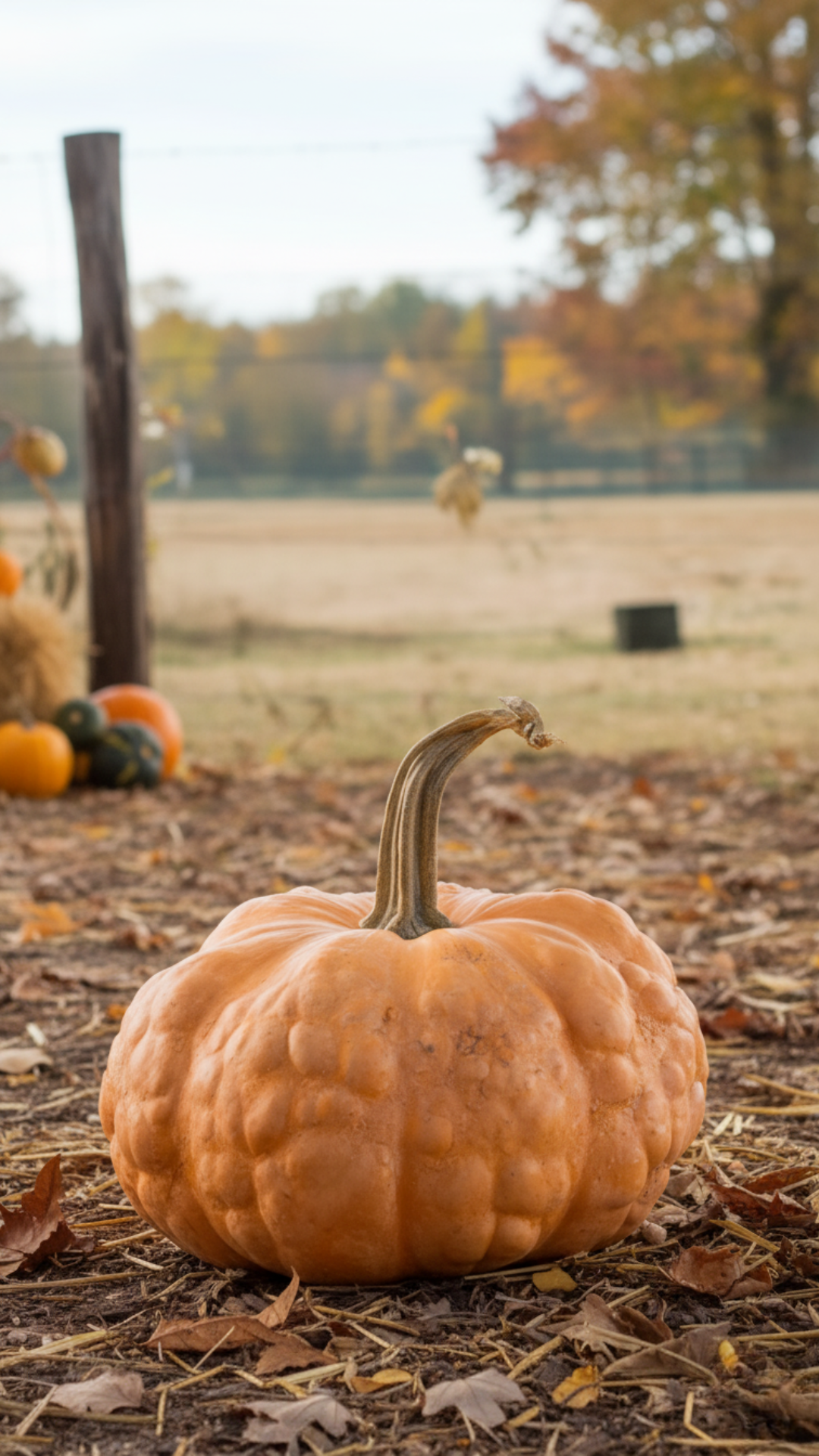 A Peanut Pumpkin with bumpy skin, surrounded by autumn decorations.