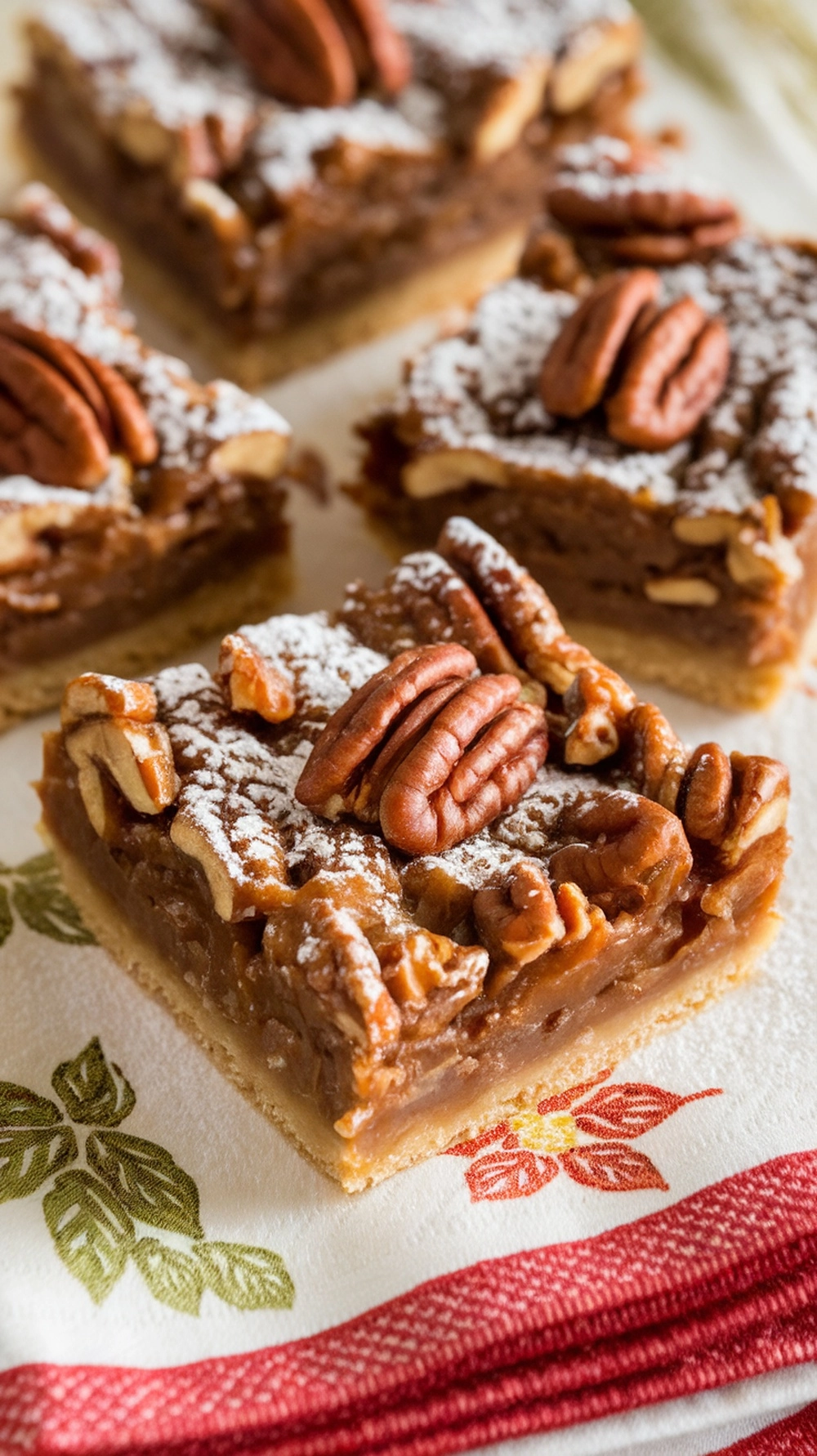 16 Irresistible Christmas Desserts That Will Wow Your Guests 12 Delicious pecan pie bars topped with whole pecans and powdered sugar, served on a festive tablecloth.