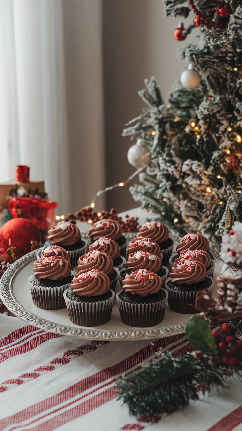 16 Irresistible Christmas Desserts That Will Wow Your Guests 7 A plate of peppermint mocha cupcakes decorated with chocolate frosting and crushed peppermint, set against a festive Christmas backdrop.
