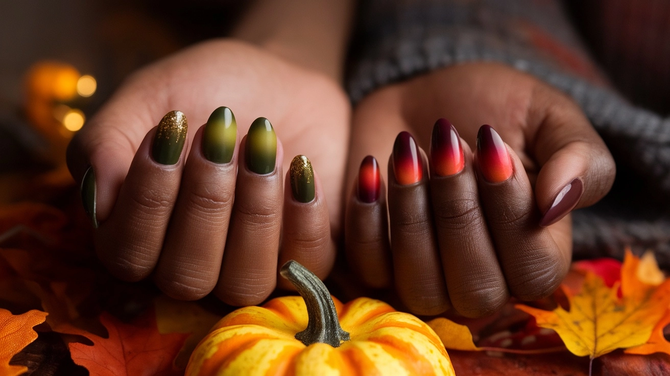 How to Create the Perfect Fall Ombre Nails at Home 1 Two hands, one with green and glitter ombre nails and the other with burgundy to orange ombre nails, surrounded by autumn elements.